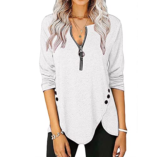 Trendy Women's Spring Fashion V-Neck Long Sleeve Blouse with Button Trim & Zipper Detail - Casual Tunic Top for Work, Date Night & Everyday Wear