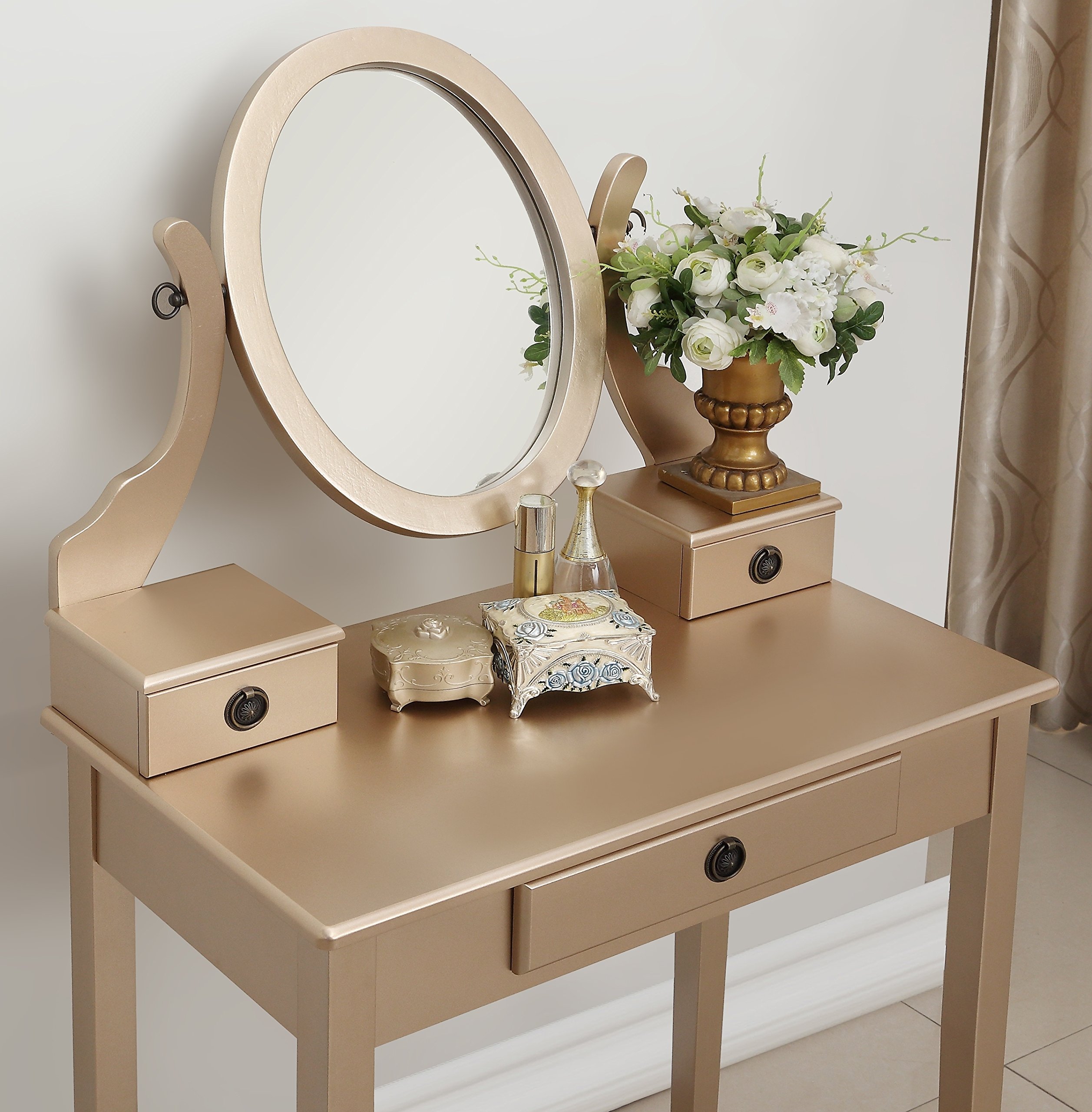 Roundhill Furniture Moniys Wood Makeup Vanity Table and Stool Set with Mirror - Gold Finish | Elegant Dressing Table for Bedroom, Bathroom & Beauty Salon