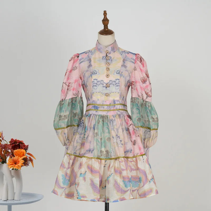 Vintage Court Style Bubble Sleeve Waist Tight Dress - Fall Fashion Customized New Dress with Small Stand Collar | Perfect for Autumn Weddings, Parties, and Office Wear