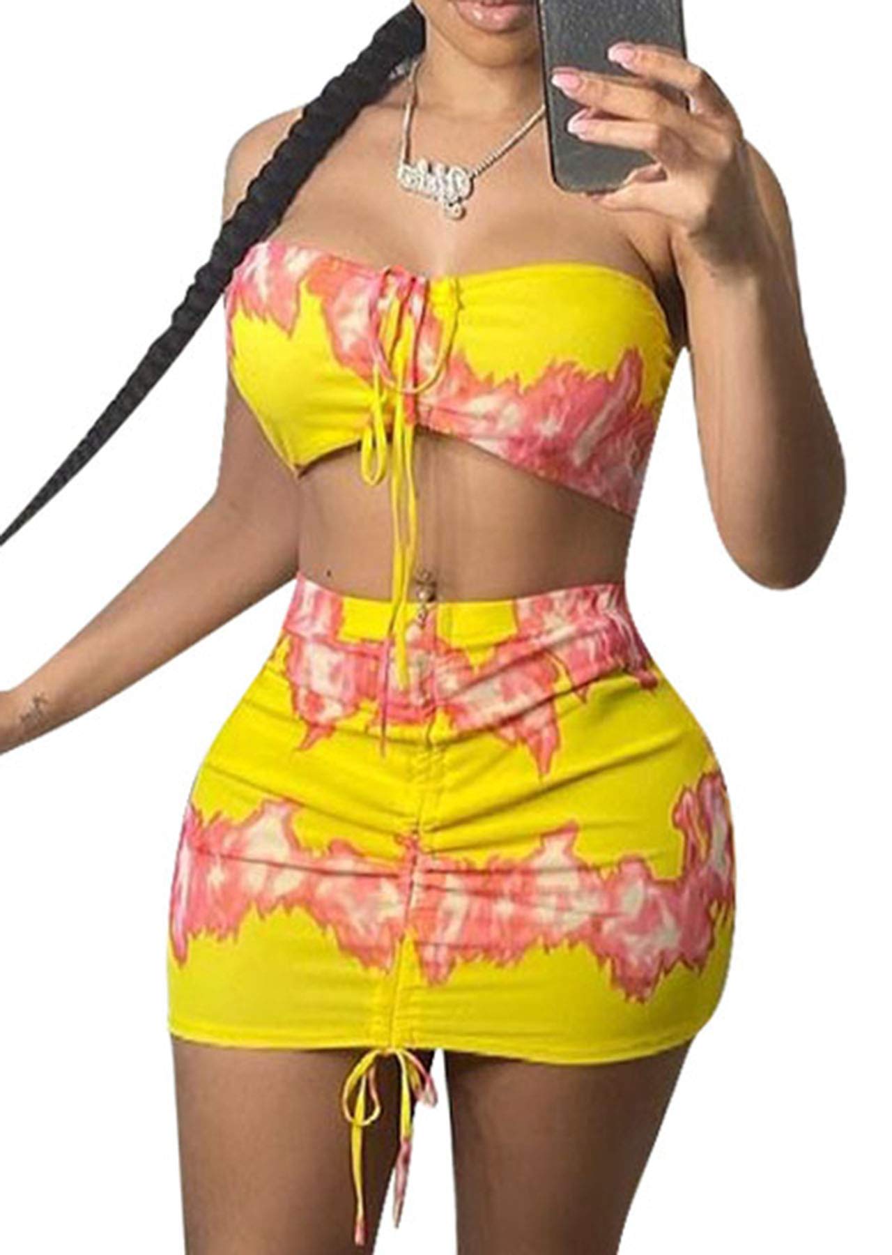 Sexy Floral Print Tube Crop Top & Pencil Skirt Set for Women - Sleeveless Mini Skirt Outfit with Drawstring Waist | Summer Party, Clubwear, Date Night Outfits