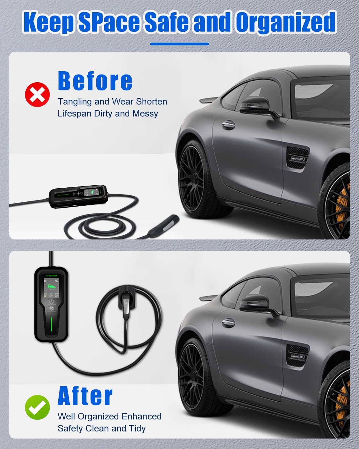 2-in-1 EV Charger Holder & J1772 Cable Organizer - Wall Mount Electric Car Charging Plug Hanger with Screws - Keep Your Garage Clean & Tidy for Tesla, Nissan Leaf, Chevy Bolt (Perfect for Home & Public Charging Stations)