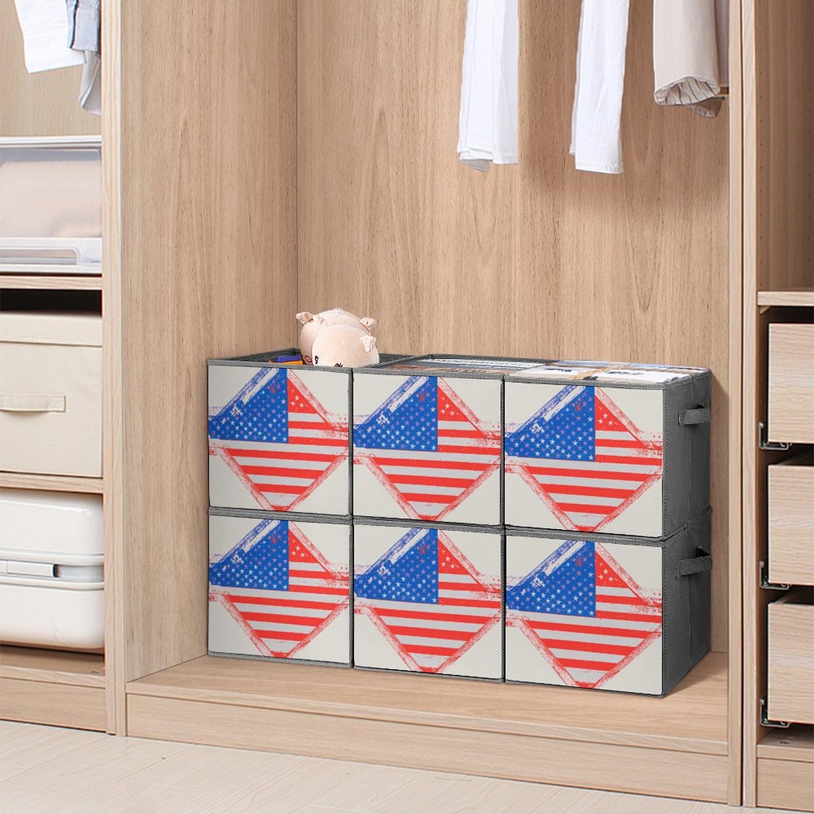 6-Piece Collapsible Storage Bins with Handles - Patriotic Stars & Stripes Printed Foldable Storage Boxes for Home Organization, Closet Shelves, Laundry Room & Kids Toys | Space-Saving Multi-Purpose Storage Baskets