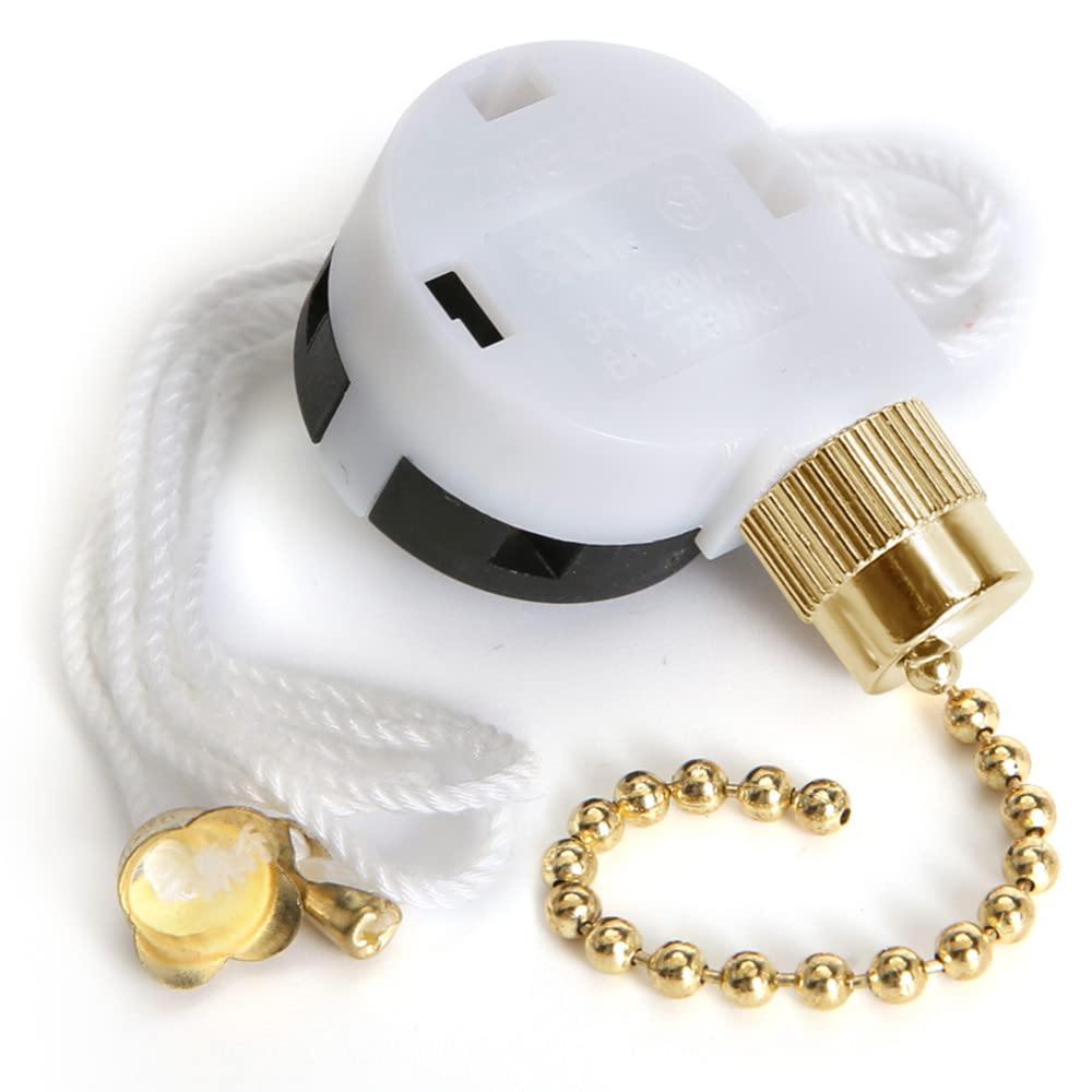 3-Speed Ceiling Fan Switch with Pull Chain - Zing Ear ZE-268S2 4-Wire Speed Control Switch for Ceiling Fans, Wall Lights & Cabinet Lighting - Brass Finish for Home & Office Use