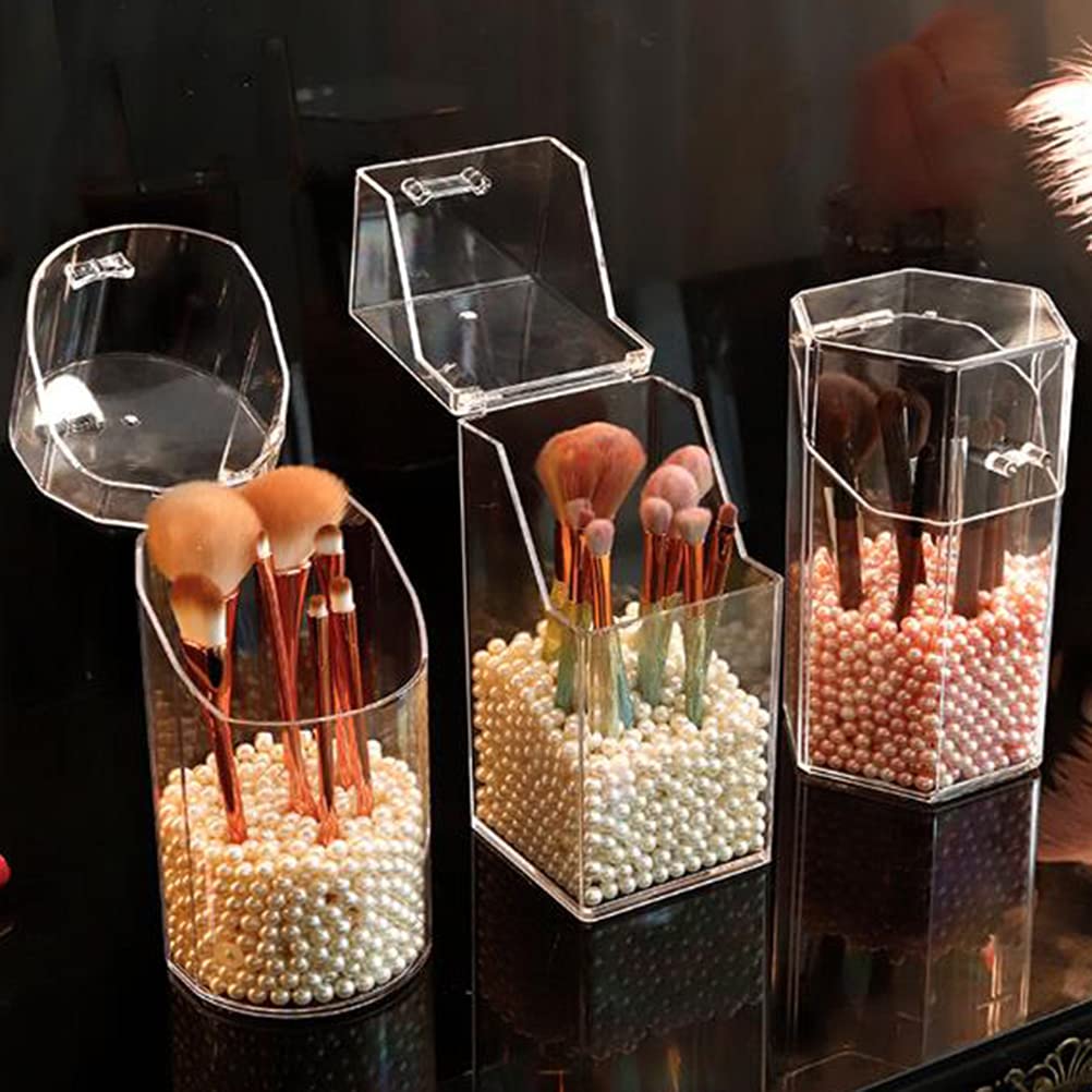 1 PC Clear Acrylic Makeup Organizer with Pearl - Dustproof Cosmetic Brush Holder | Perfect for Vanity, Bathroom Counter & Travel Makeup Storage