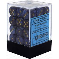 Chessex D6 36-Pack Royal Blue with Gold Scarab 12mm Pipped Dice Set - Perfect for Dungeons & Dragons, Board Games, and Tabletop RPGs