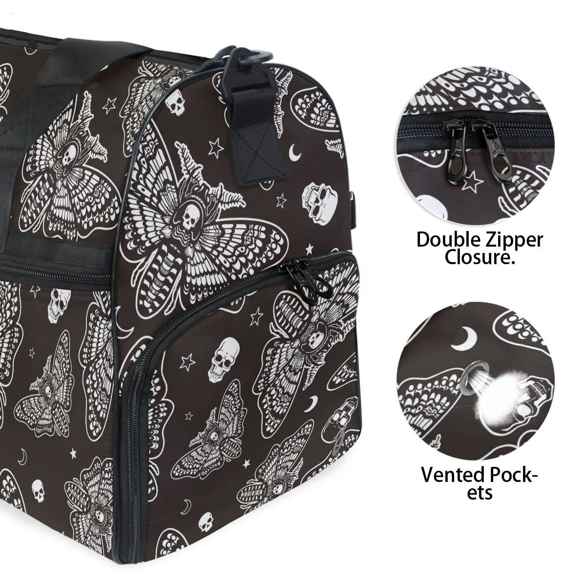**Gothic Moth Skull Moon Print Gym Bag - Adjustable Strap Duffle Bag for Men & Women - Perfect for Travel, Sports & Overnight Trips - Stylish Occult & Esoteric Design**