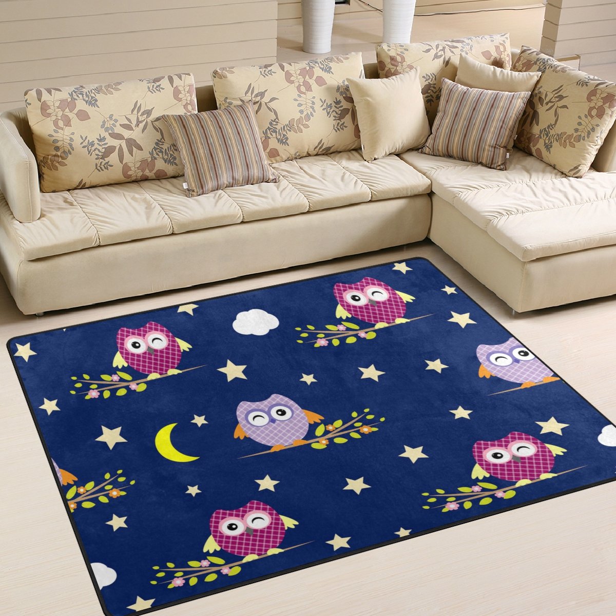 Non-Slip Owl Print Area Rug - 63x48 Inch Soft Floor Mat for Living Room, Bedroom, Nursery & Entryway - Kids Room Decor & Home Accent - Perfect for Playrooms, Dorm Rooms and Cozy Spaces