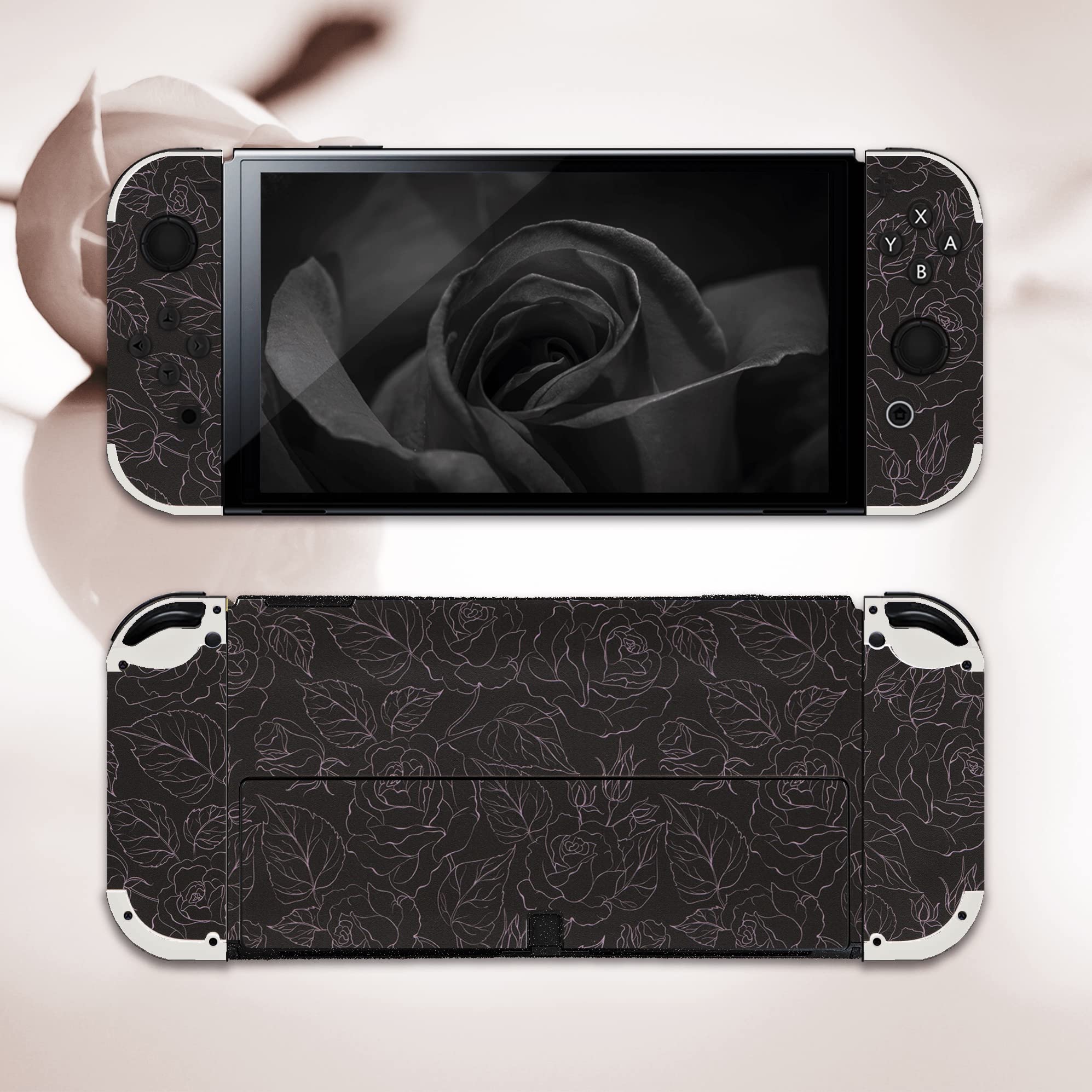 BelugaDesign Rose Switch Skin - Pastel Pink Vinyl Decal Wrap for Nintendo Switch & Switch OLED (Black) - Cute Flower Valentine Gift for Gamers, Perfect for Gaming Setup & Personalization