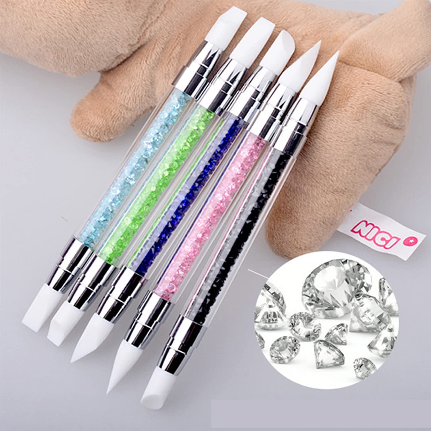 Gleevia 5-Piece Dual-Tip Silicone Rhinestone Nail Art Pen Set - Acrylic Handle & Rubber Tip Nail Brushes for Gel Polish, Dotting, Carving - Professional Nail Art Tools for Women | Perfect for Salon, Home Manicures & DIY Nail Designs