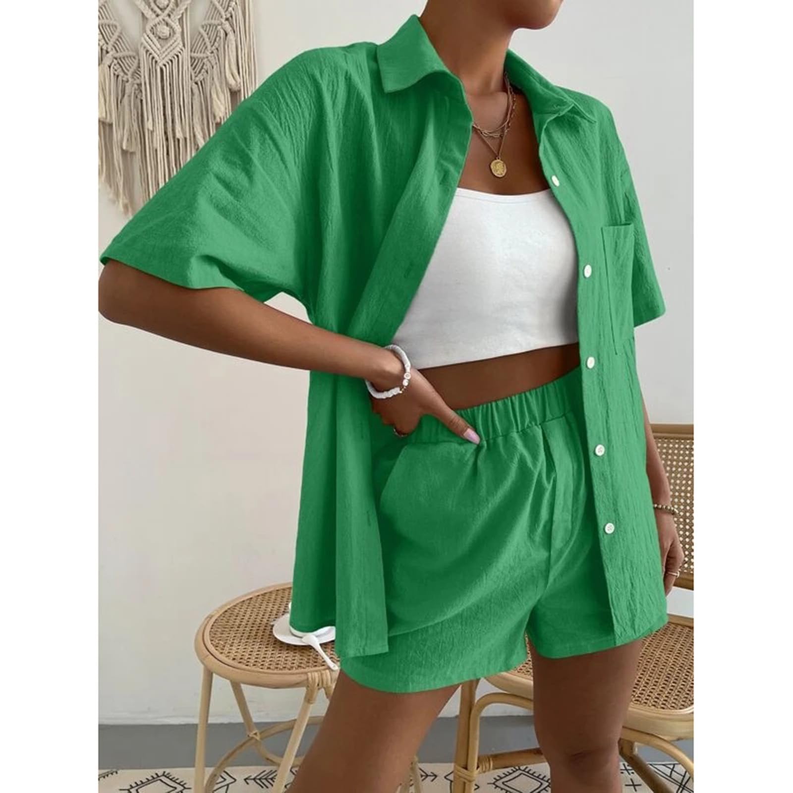 Women's 2-Piece Cotton Linen Outfit Set - Button Down Shirt with Shorts | Comfortable Lounge Wear, Beach Vacation & Travel Clothes for Summer