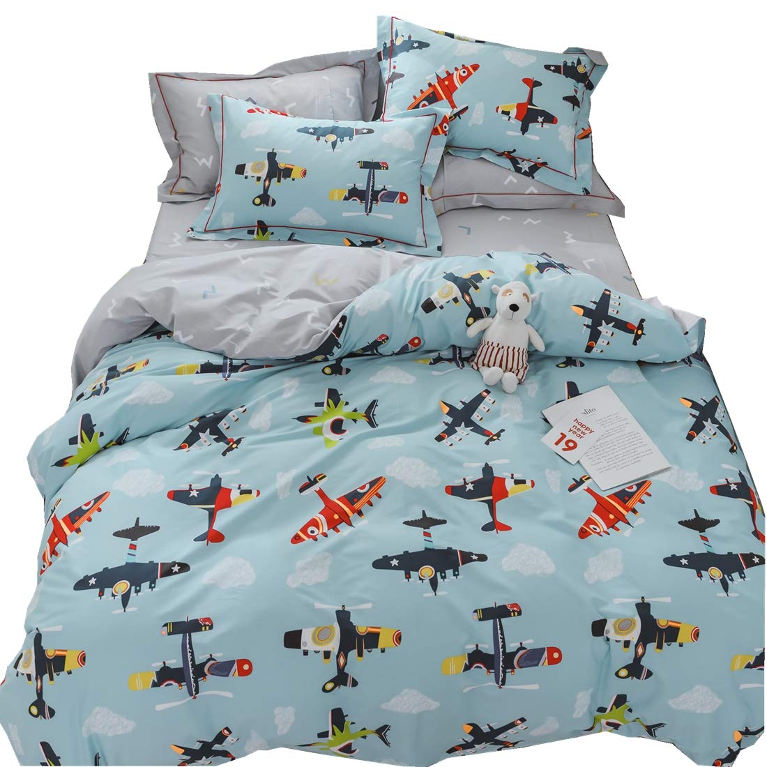 LAYENJOY 100% Cotton Kids Duvet Cover Set - Queen Size Toy Airplane Aircraft Flying Sky Clouds Pattern Printed Blue Comforter Cover for Boys & Girls | Zipper Closure | No Comforter Included | Perfect for Kids' Bedrooms, Nursery Decor & Themed Bedding