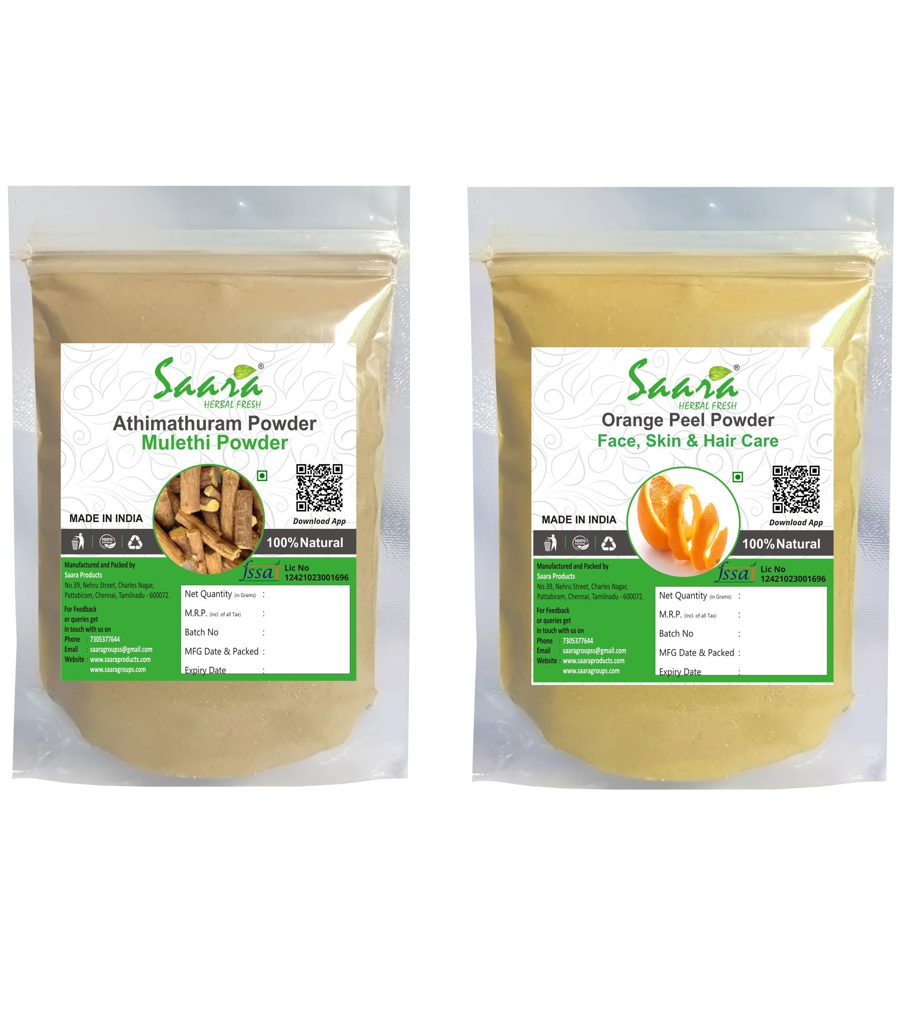 Saara HERBAL FRESH Mulethi Powder & Orange Peel Powder Combo - 200g (100g Each) for Skin Care, Hair Growth, Face Mask & Body Scrub - Natural Ayurvedic Beauty Treatment for Glowing Skin & Healthy Hair (Pack of 1)