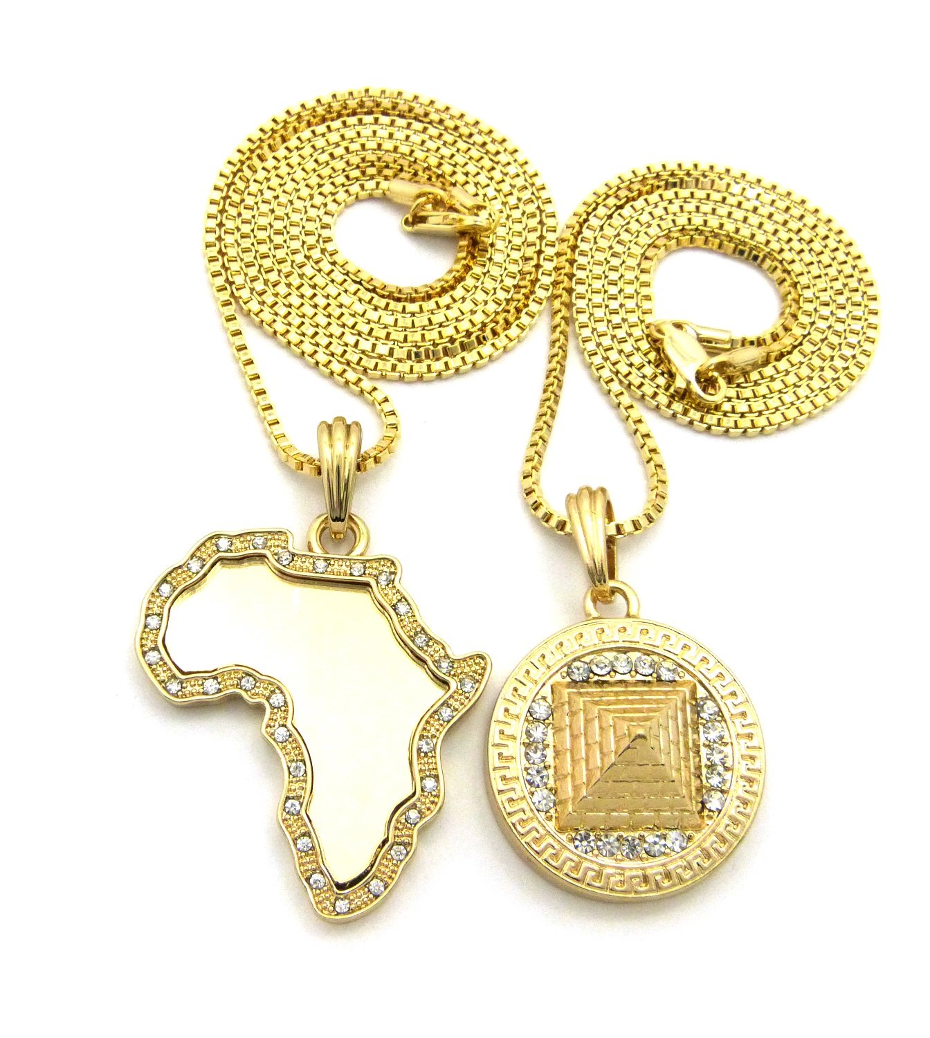 Hip Hop Iced Out Gold Plated Egyptian Africa Map & Pyramid Pendant Necklace Set with 20