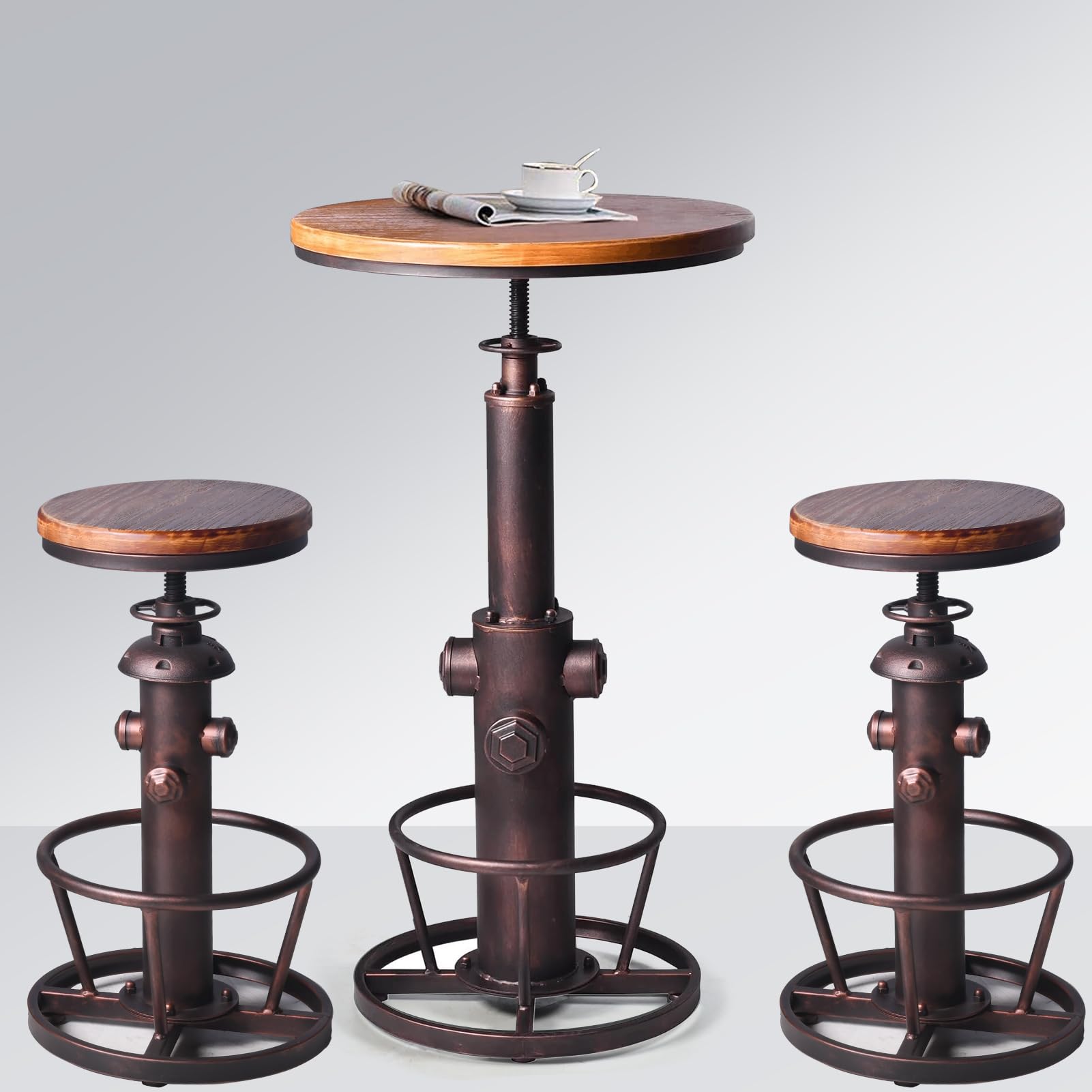 Vintage Industrial Bar Table Set with 2 Adjustable Height Swivel Bar Stools (38-44 Inch) - Wooden Top Bistro Table for Kitchen, Dining Room, Coffee House & Home Bar Decor
