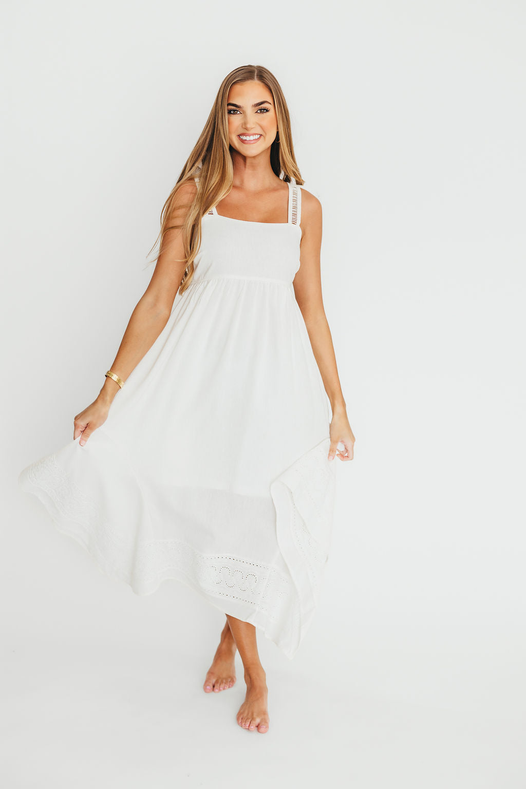 Palmer Asymmetrical Hem Midi Dress - White Flowy Summer Dress for Women | Perfect for Beach Vacations, Date Nights & Special Occasions