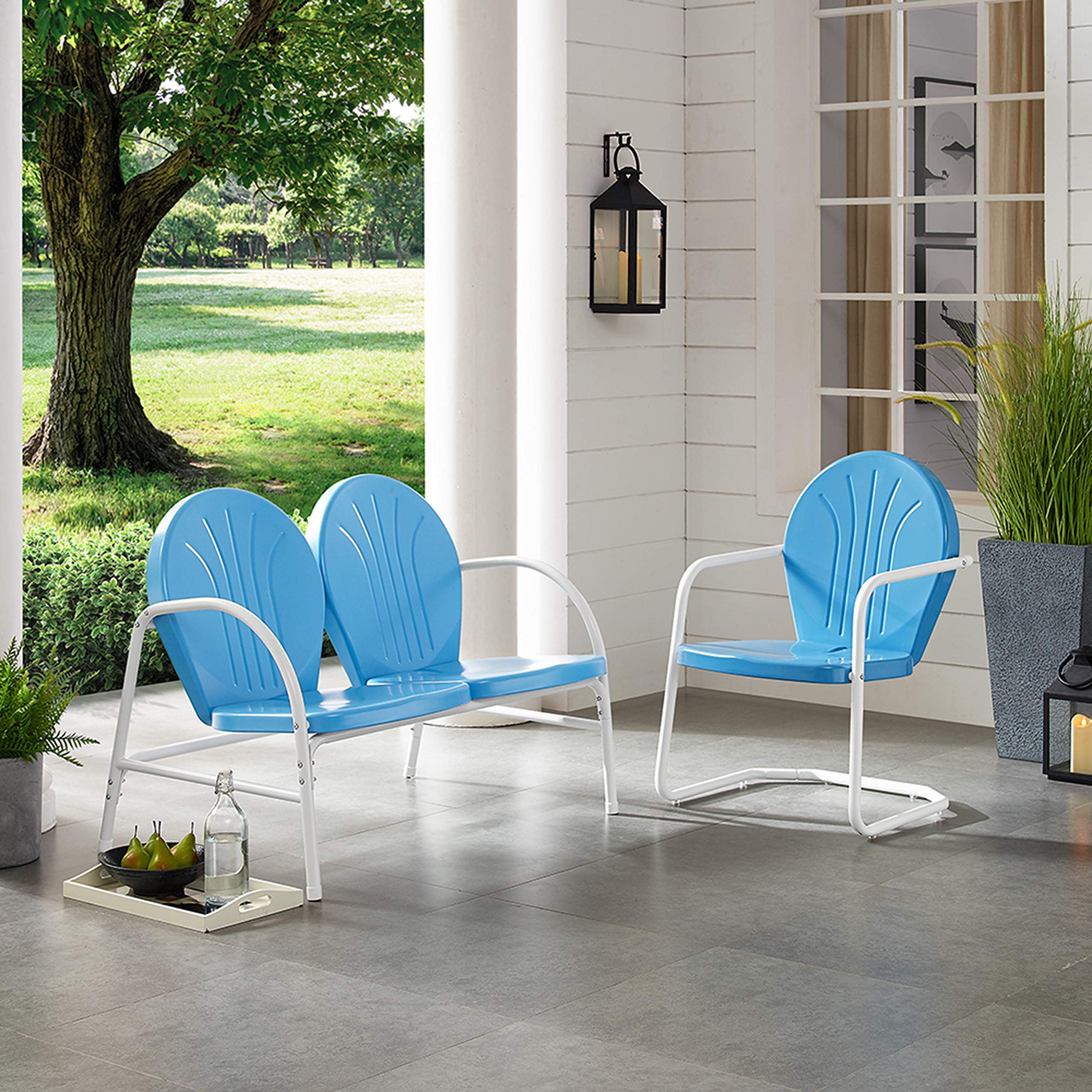 Crosley Furniture Griffith 2-Piece Retro Metal Outdoor Chair and Loveseat Set - Sky Blue Patio Furniture for Porch, Garden, Backyard & Poolside Relaxation
