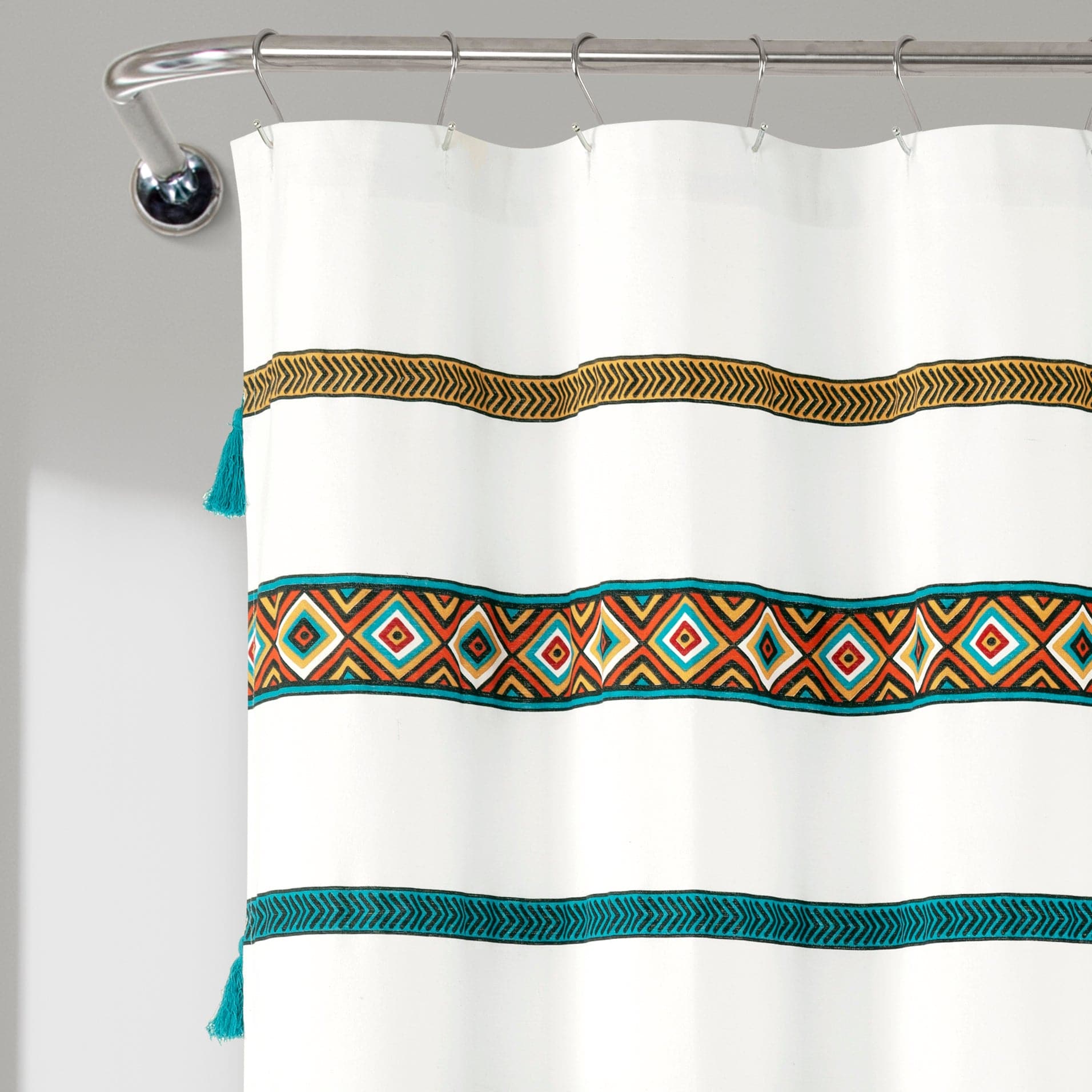 Boho Stripe Tassel Shower Curtain - Handmade Yarn Dyed Recycled Cotton Bathroom Decor for Boho, Farmhouse & Coastal Style Homes - Perfect for Bathrooms, Guest Rooms & Beach Houses