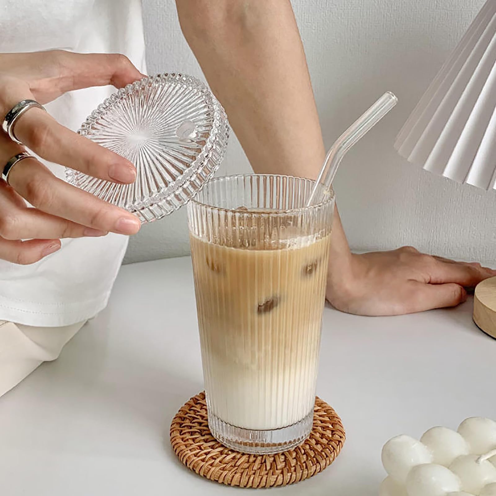 12.5oz Glass Coffee Cup with Lids & Straws - Leak-Proof, BPA-Free Drinking Glasses for Iced Coffee, Smoothies & Cold Beverages - Perfect for Home, Office & Cafe Use (Round Shape, Non-Screw Secure Lid)