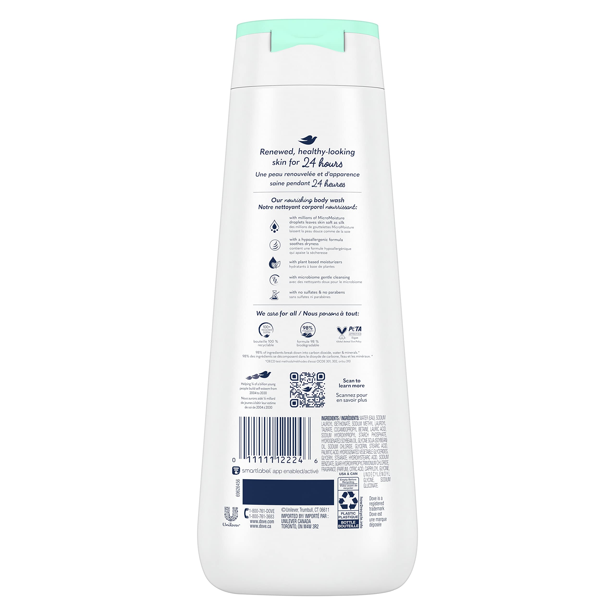 Dove Hypoallergenic Sulfate-Free Body Wash for Sensitive Skin - 22 oz | Deep Cleansing & Nourishing Formula | Gentle Daily Shower for Dry, Irritated Skin | Effectively Removes Bacteria While Moisturizing