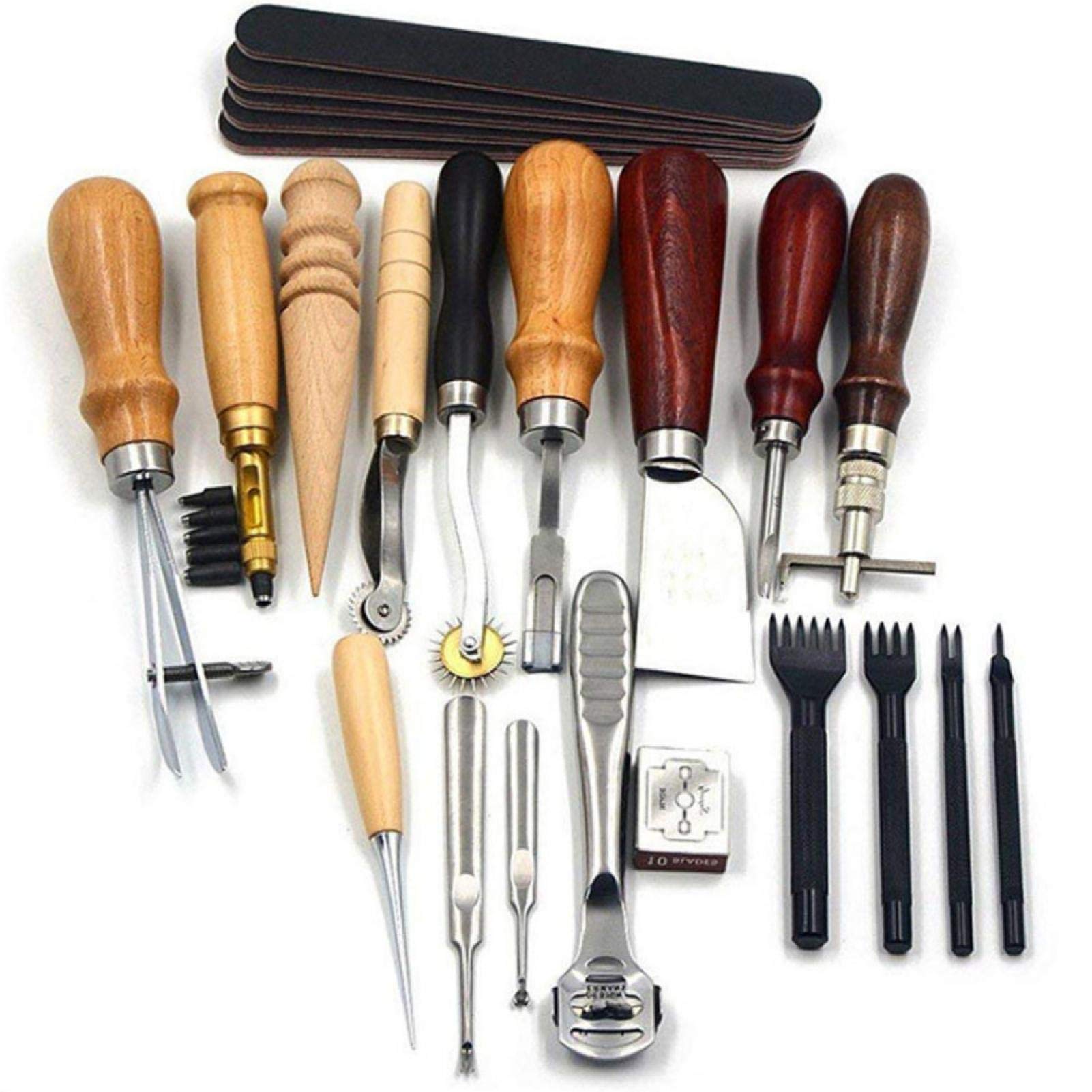 19-Piece Leather Working Tools Set - Professional Leather Craft Punch, Stitching, Cutting & Sewing Tools for DIY Leather Projects - Perfect for Belts, Wallets & Handmade Leather Goods