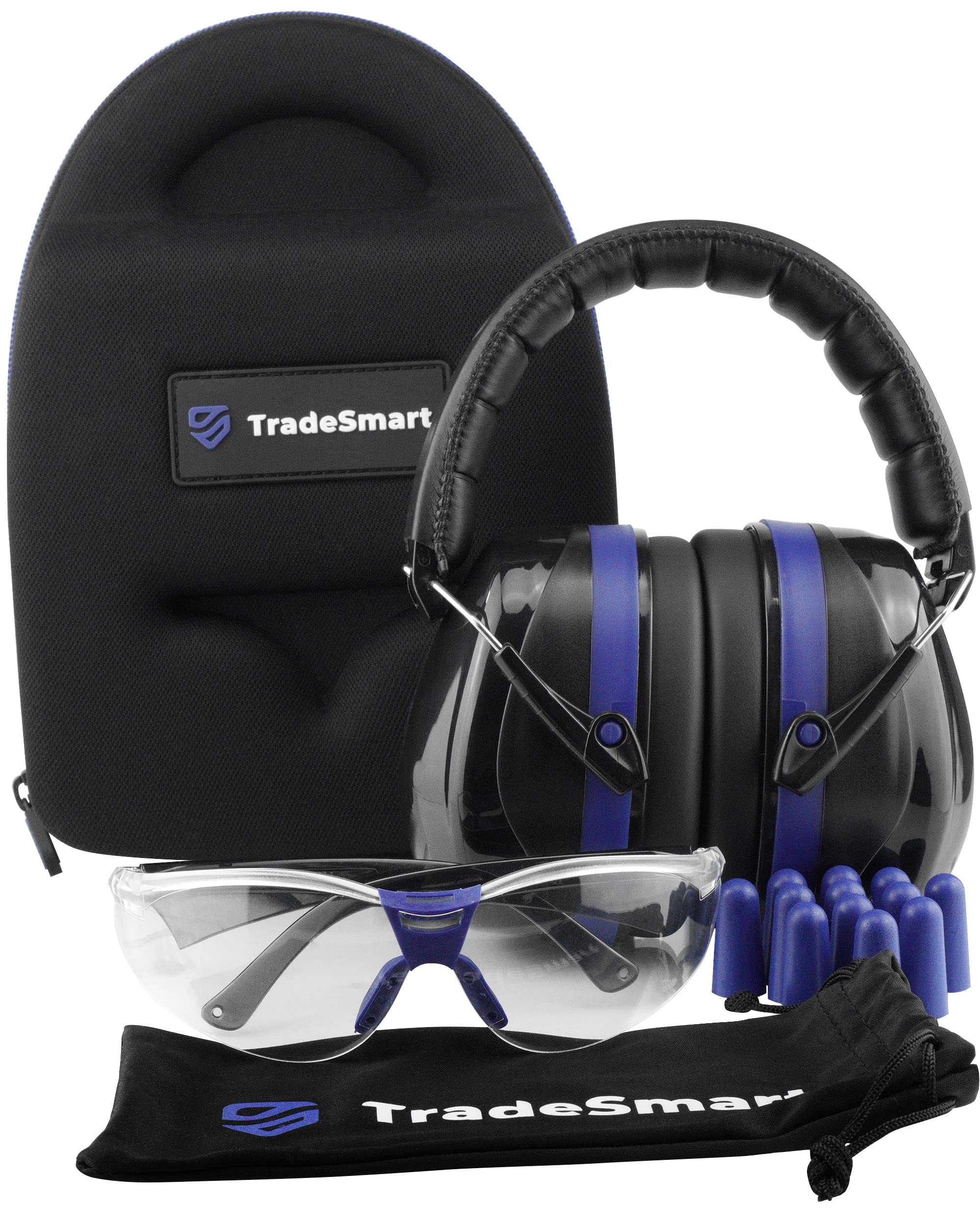 TradeSmart Safety Glasses with Ear Defenders - Hearing Protection Ear Muffs & Pouch for Woodworking, Chainsaw, Construction - Perfect for DIY Projects, Workshop Safety, and Industrial Work