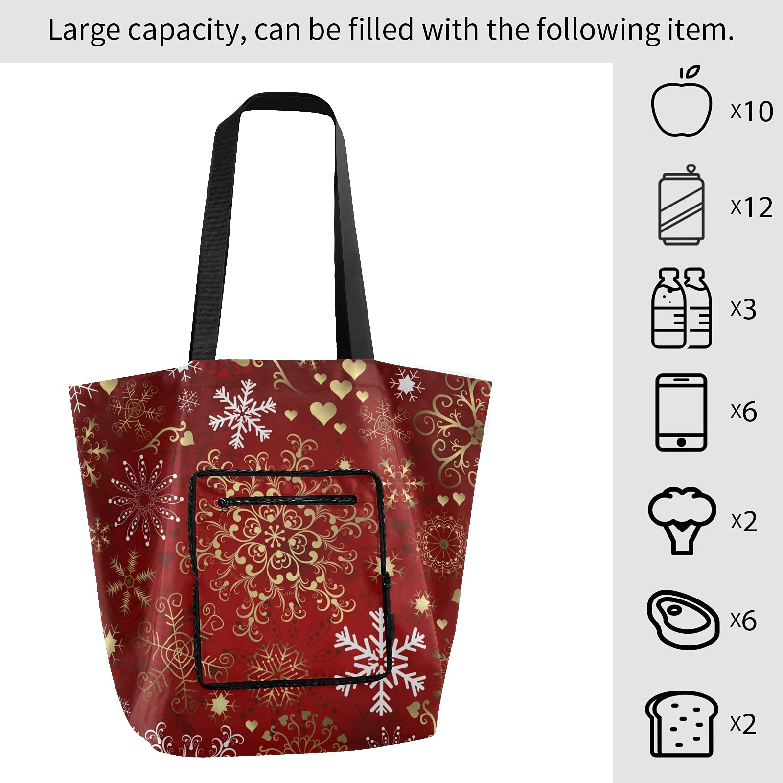 ALAZA Merry Christmas Snowflake New Year Xmas Large Reusable Tote Bag - Foldable Lightweight Grocery Shopping Bag with Handles for Outdoors, Picnic, Travel, Holiday Gift Giving & Seasonal Celebrations