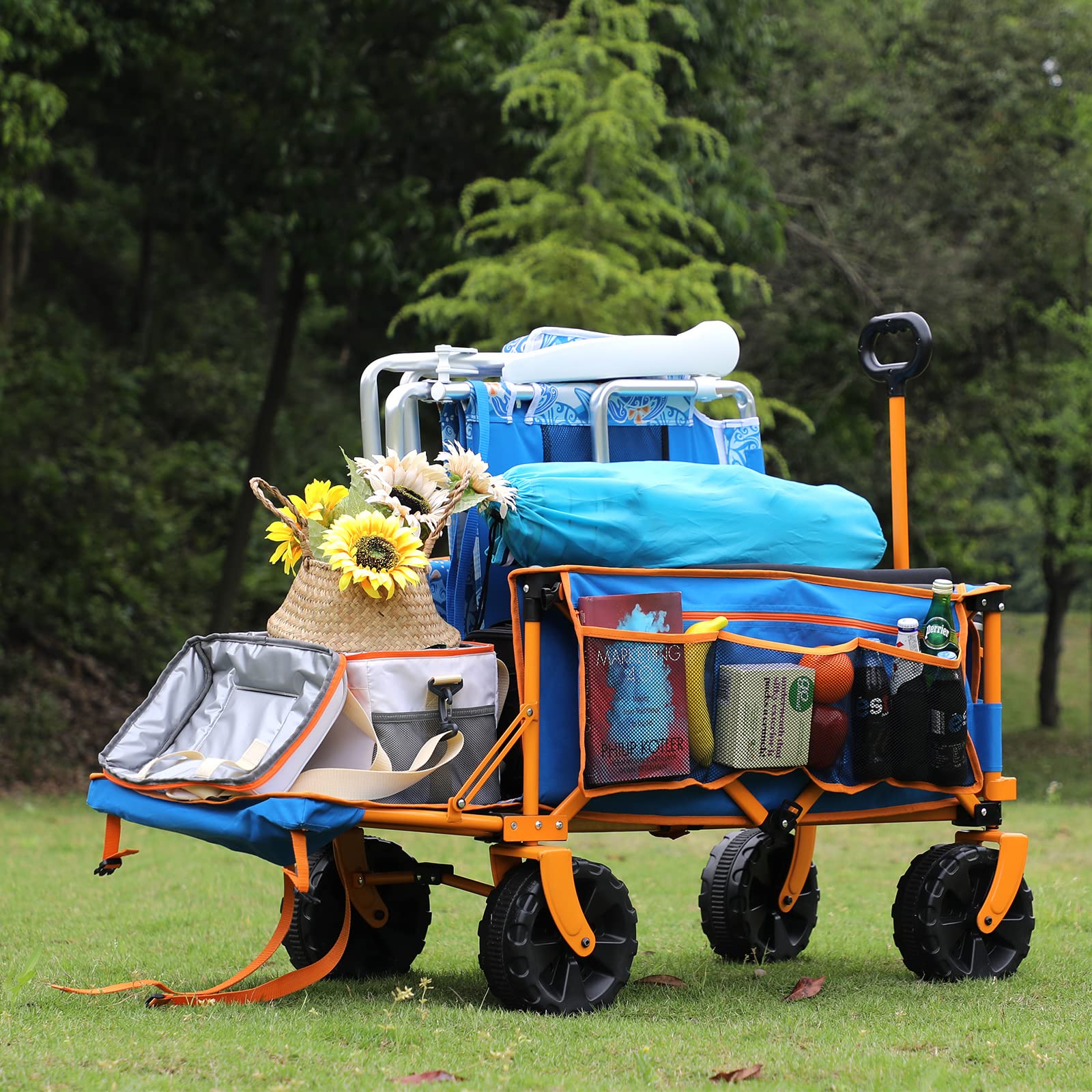 50 Inch Extra Long Heavy Duty Folding Wagon with Large Sand Wheels - Collapsible Beach Cart for Sand, Camping, Garden & Pets - Perfect for Beach Trips, Outdoor Adventures, Picnics and Grocery Hauling