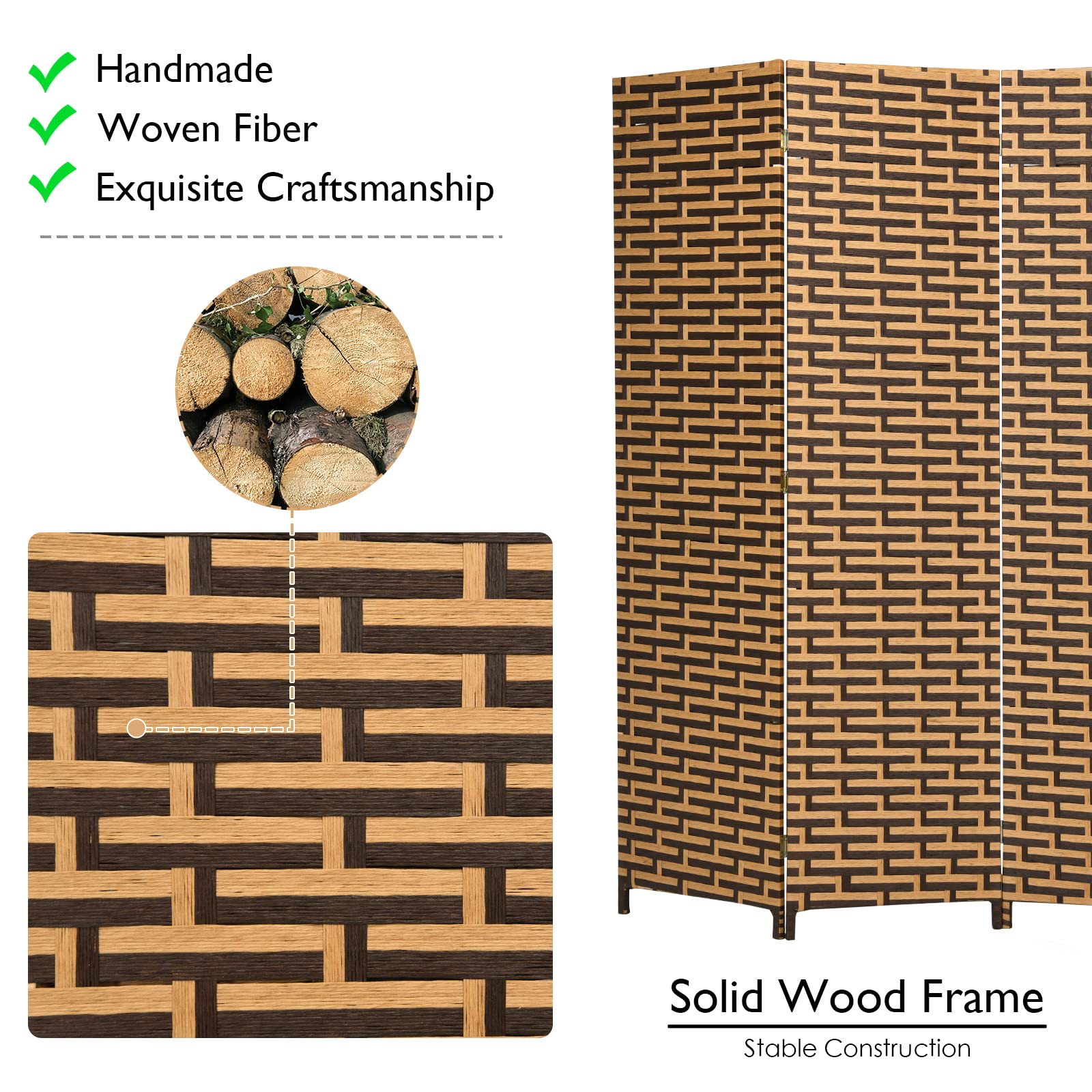 Handmade 6 Ft 4 Panel Rattan Room Divider - Wood Folding Screen Partition for Home & Office - Freestanding Boho Room Separator for Bedroom, Living Room, Studio or Dorm Decor