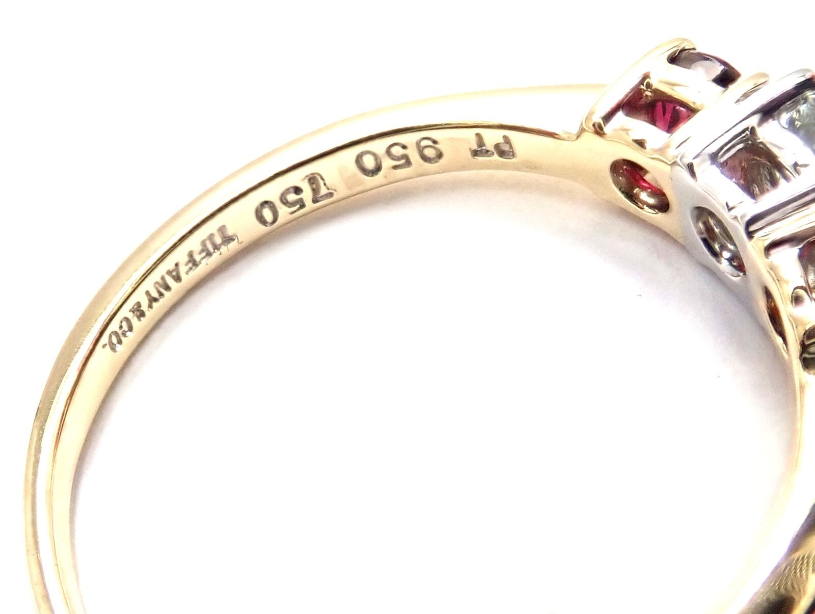 Authentic Tiffany & Co 18k Gold Platinum Three Stone Diamond Ruby Band Ring for Women - Elegant Wedding, Engagement & Anniversary Jewelry Gift