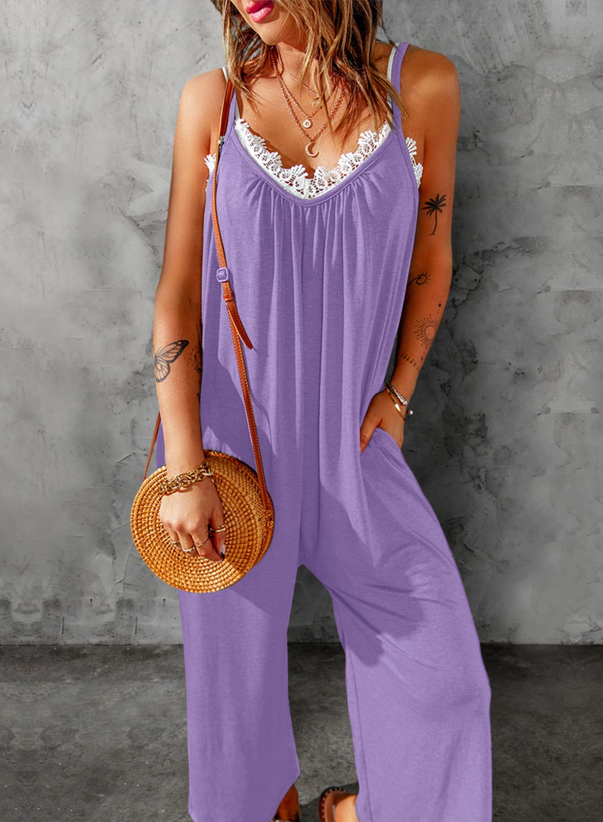 Dokotoo Women's Sleeveless Jumpsuit - Adjustable Spaghetti Strap, Stretchy Loose Fit Romper with Pockets | Casual Summer Outfit, Beach Cover Up, Vacation Wear