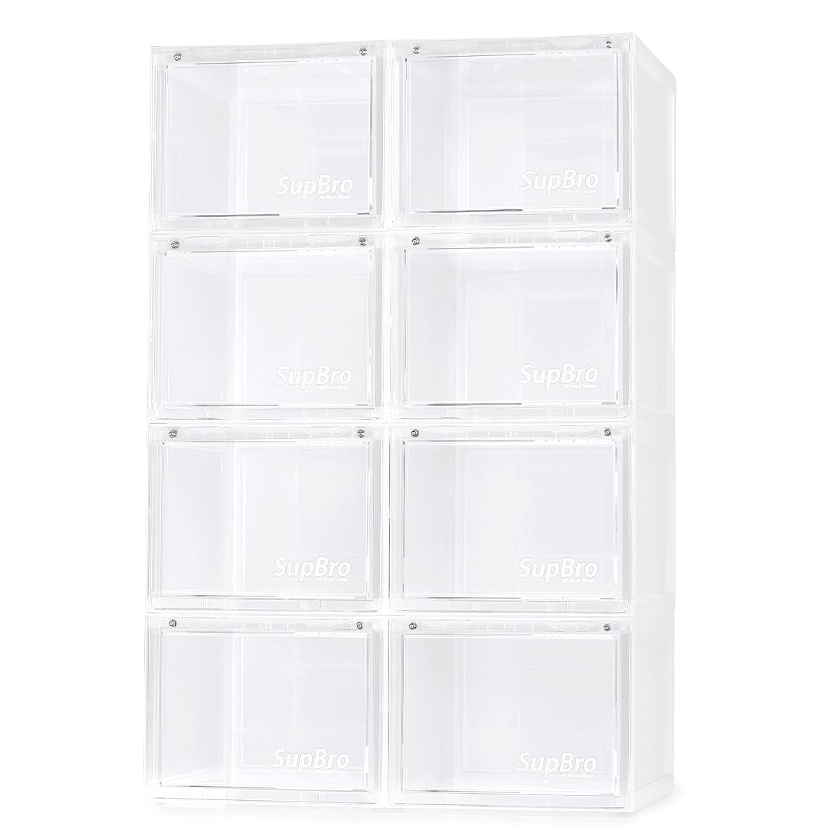 SupBro 8-Pack Clear Plastic Foldable Stackable Sneaker Storage Box with Front Door - Easy Access Shoe Display Organizer for Sneaker Collection, Closet & Bedroom Organization