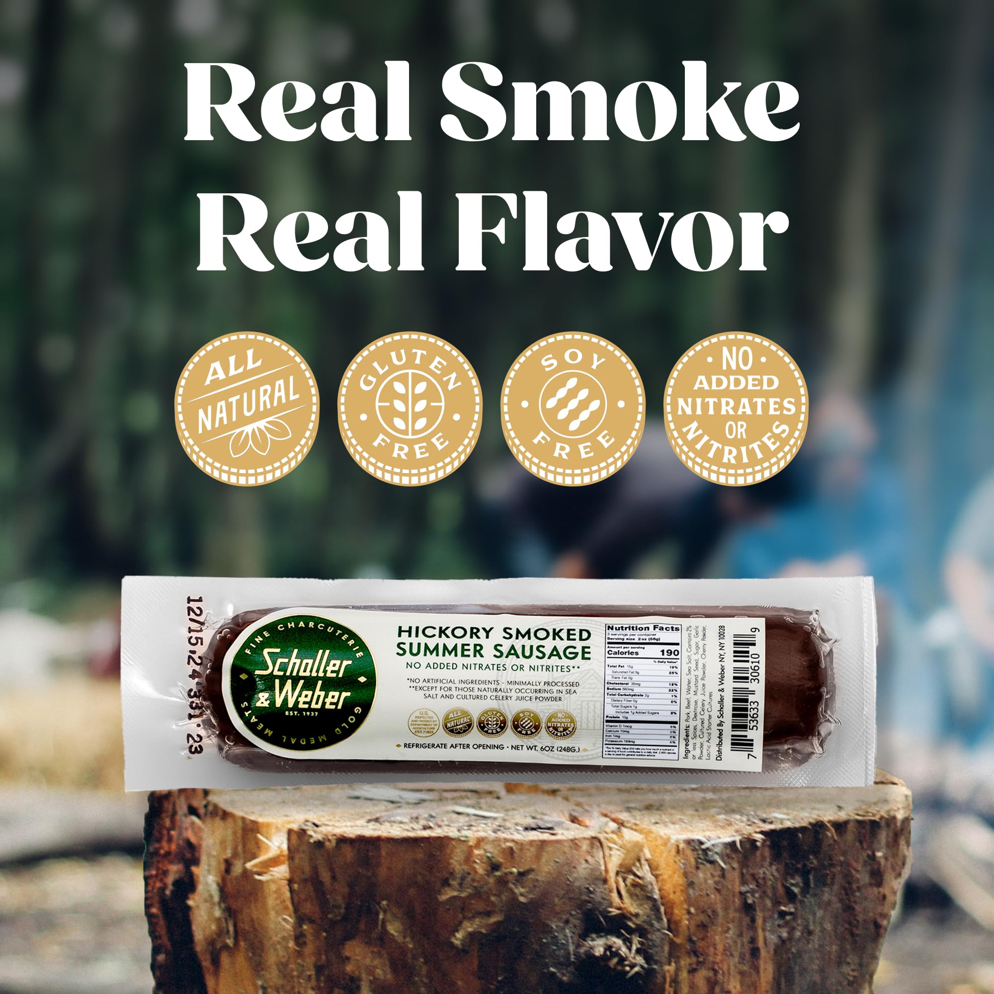 Schaller & Weber Hickory Smoked Summer Sausage - Gluten Free, Ready to Eat, 100% Natural Meat Snack - 6 Ounce (Pack of 2) - Perfect for Camping, Hiking & On-the-Go Snacking