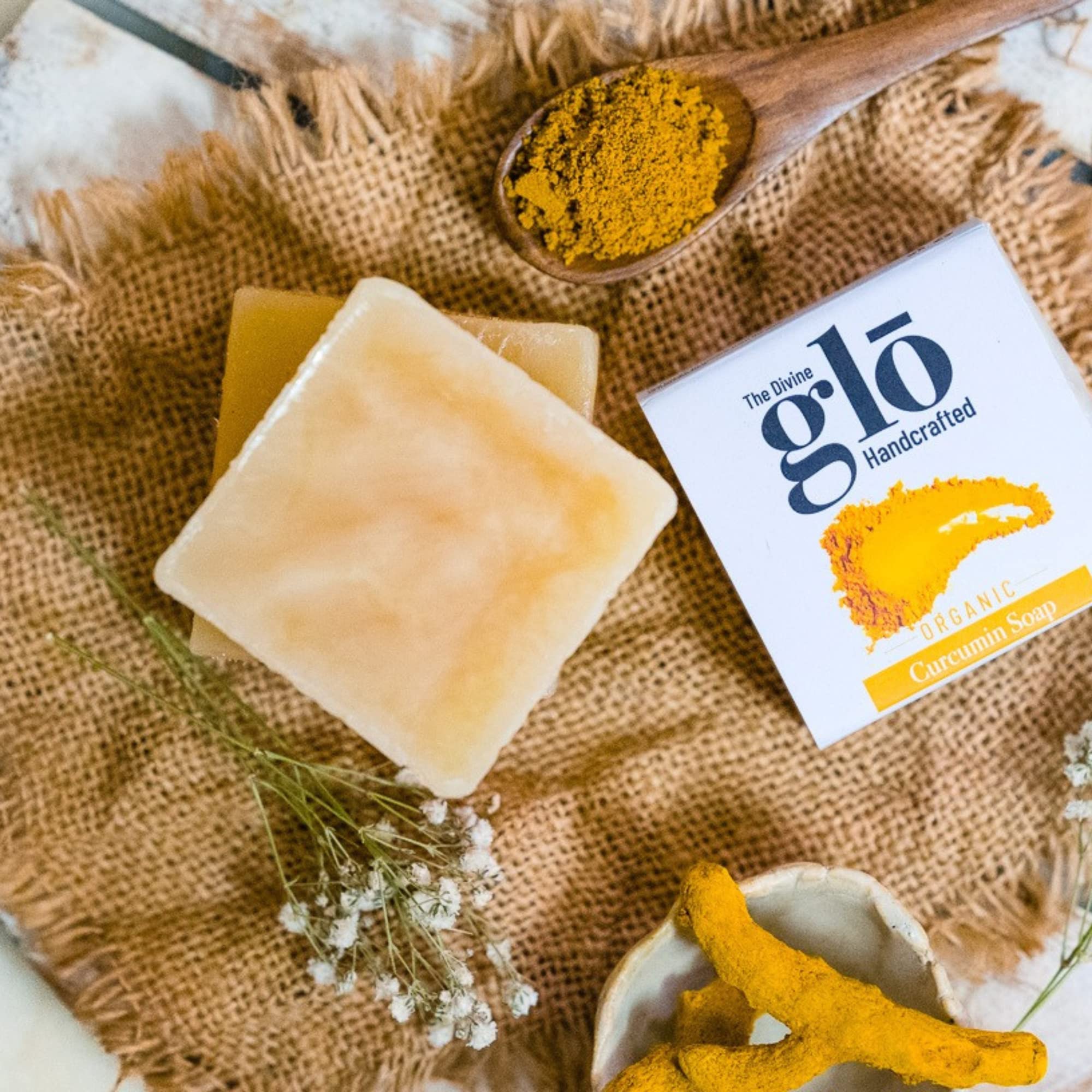 Organic Turmeric & Curcumin Handmade Soap by The Divine Foods - 200g (2 x 100g Bars) - Natural Skincare for Acne, Eczema & Glowing Skin