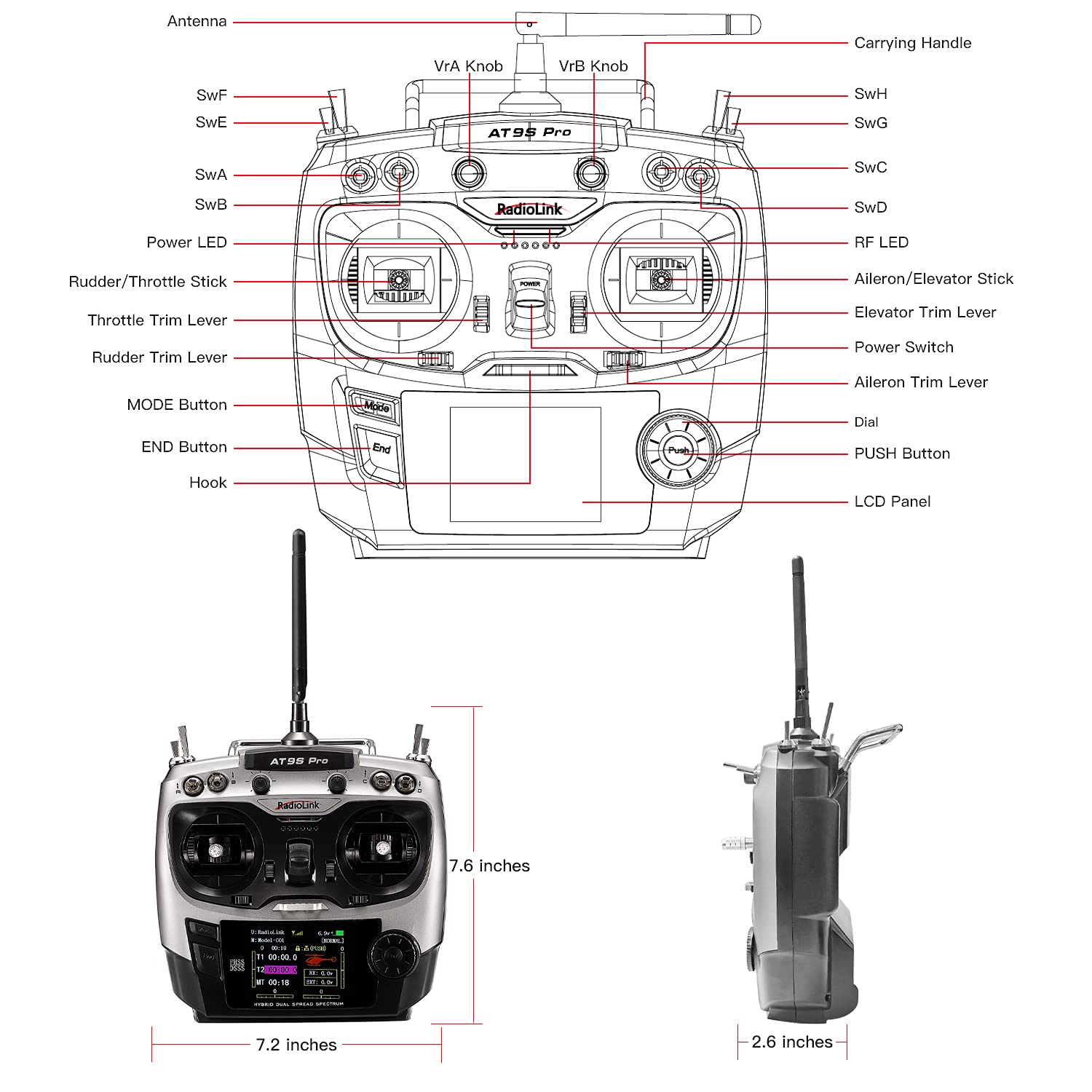 Radiolink AT9S Pro 10/12 Channel 2.4GHz RC Radio Transmitter with R9DS Receiver & PRM-01 Battery Telemetry Module - Mode 2 Left Hand for RC Airplanes, Drones, and RC Cars - Real-Time Battery Monitoring for Long-Range Flying