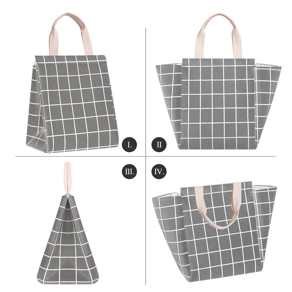 **HOMESPON Reusable Insulated Lunch Bag with Aluminum Foil - Eco-Friendly Canvas Lunch Box for Women & Men - Office, School, Picnic, Travel - Grey Plaid Design**