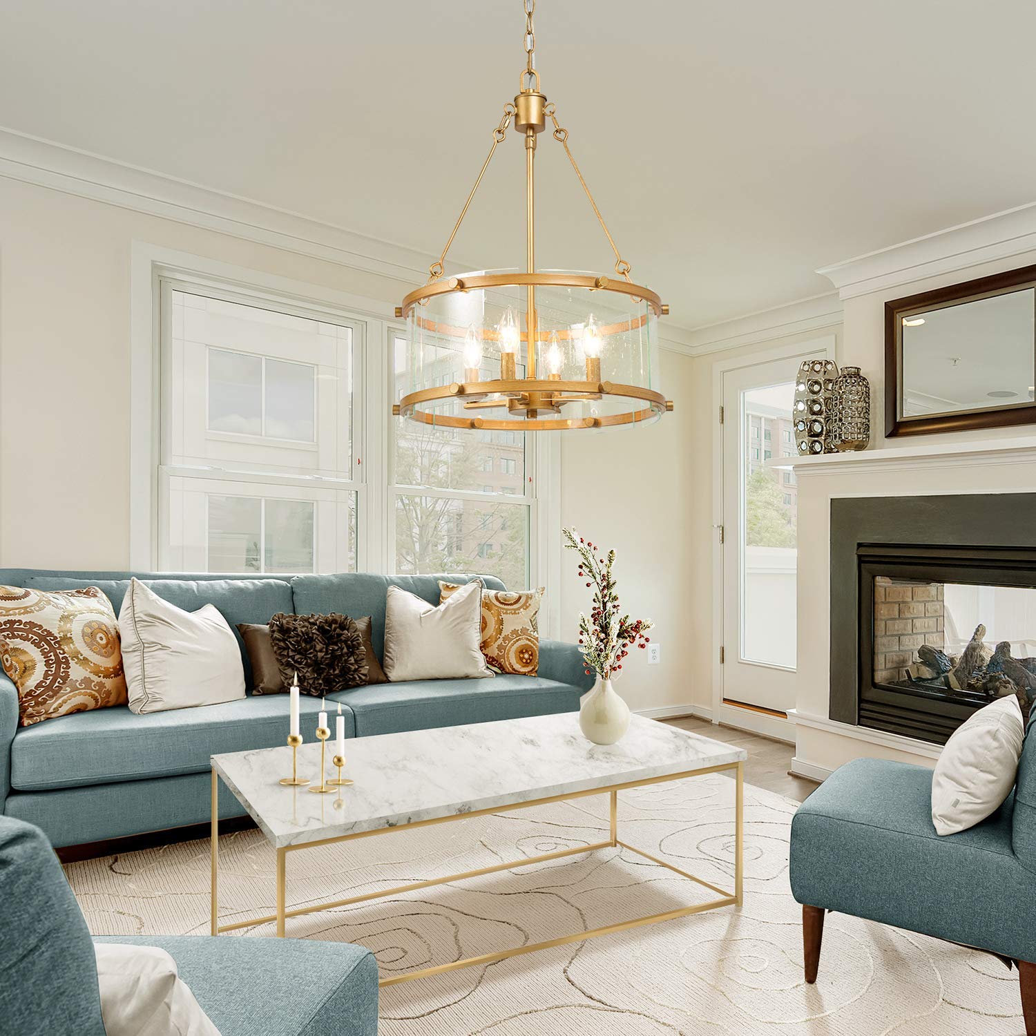 4-Light Gold Drum Chandelier with Seeded Glass Shade - 16.5