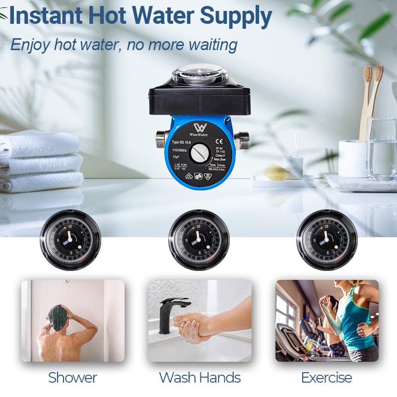 WiseWater 110V Shielded Hot Water Recirculating Pump with Timer - 100W 10 GPM Circulation Pump for Boiler, Solar Heater & Hydronic Radiant Heating - 3/4