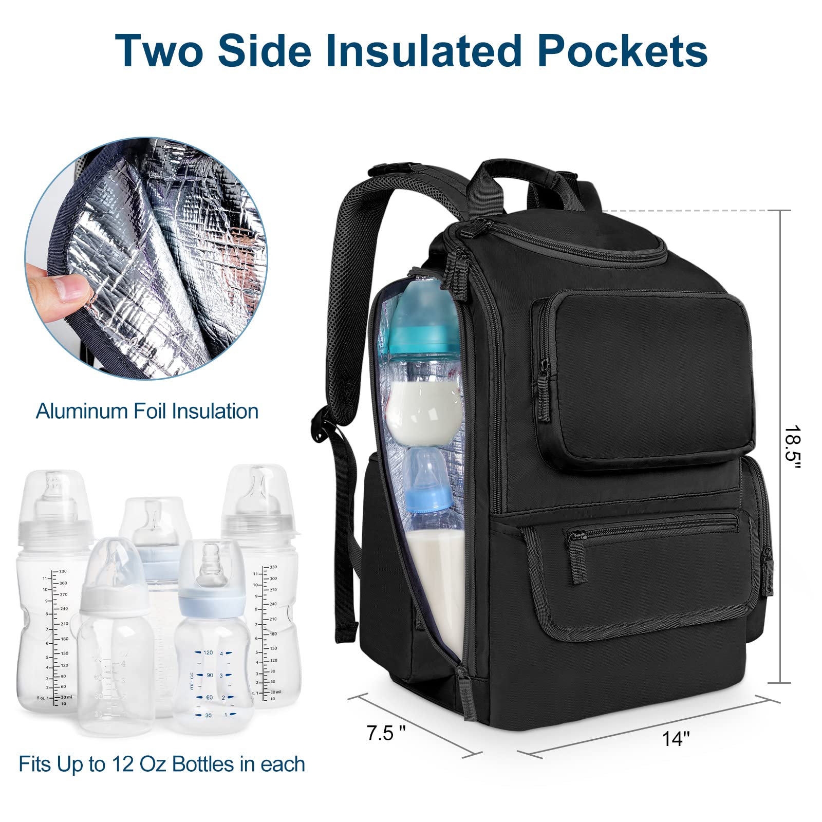 Mancro Diaper Bag Backpack for Men & Women - Large Waterproof Baby Bag with 2 Insulated Side Pockets, Stroller Straps & Travel-Friendly Design - Perfect for Daycare, Travel & On-the-Go Parents (Black)
