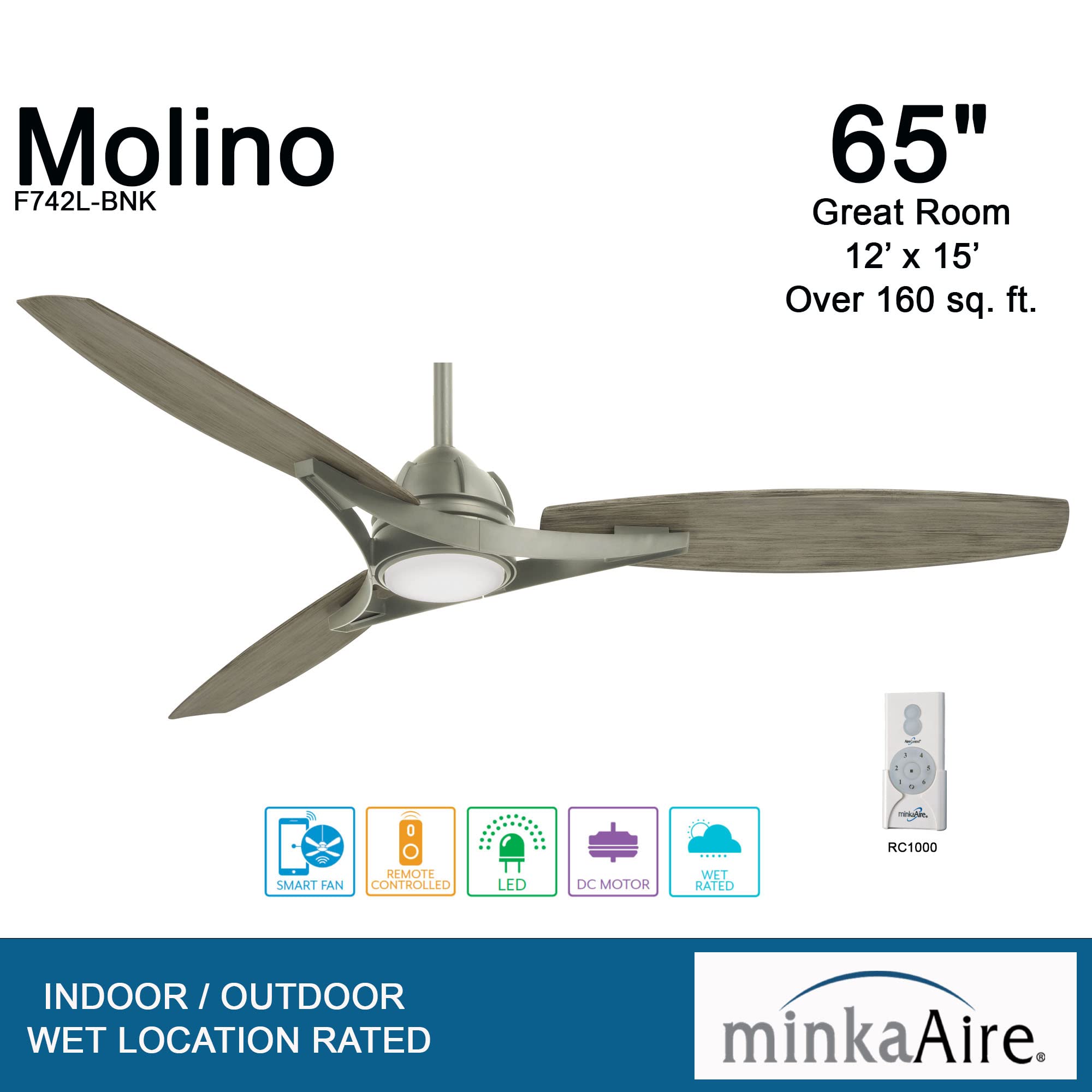 Minka-Aire F742L-BNK Molino 65 Inch Modern Ceiling Fan with LED Light Kit in Burnished Nickel Finish - Perfect for Living Room, Bedroom, and Outdoor Covered Patios