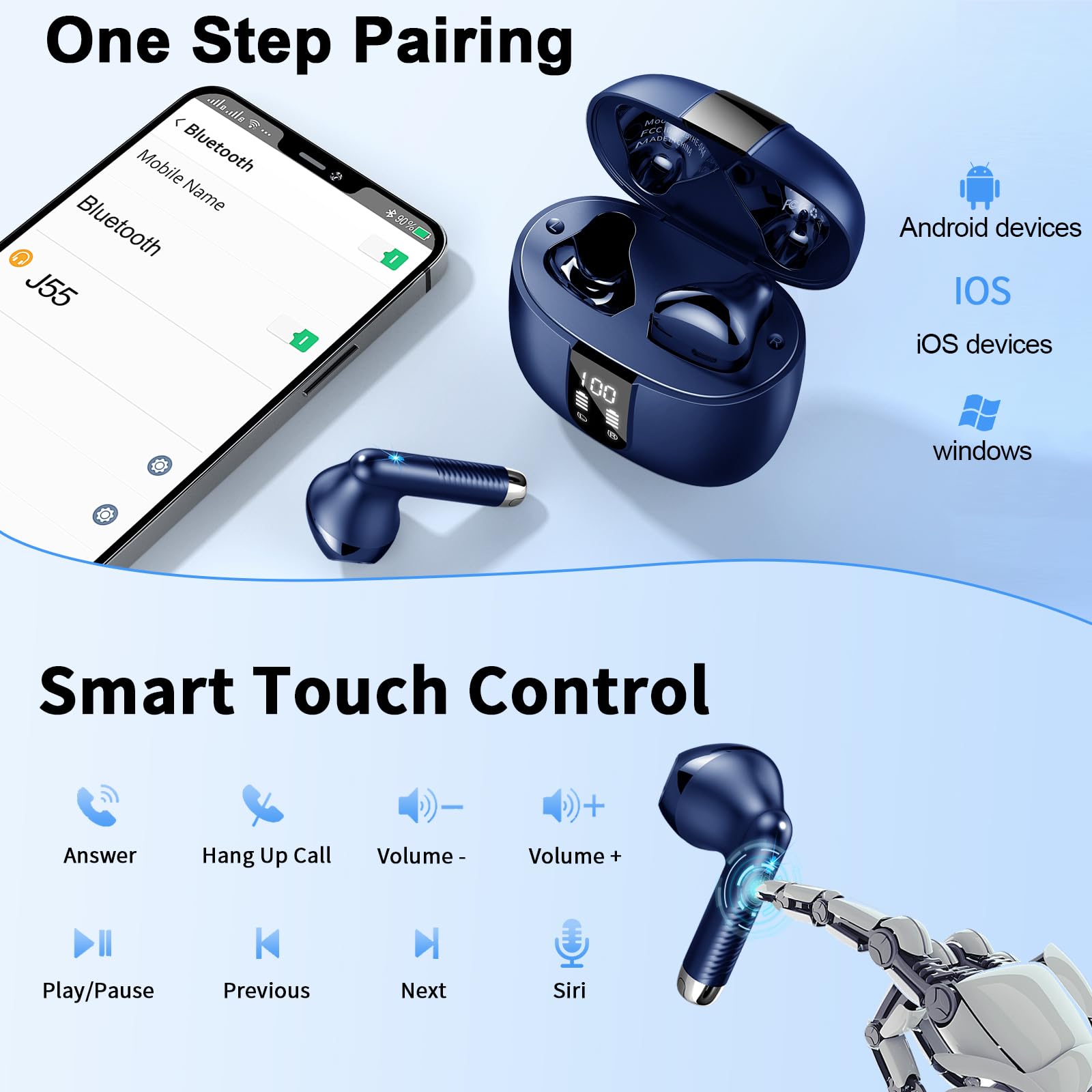 2024 Wireless Bluetooth 5.3 Earbuds with 4 ENC Noise Cancelling Mic, IP7 Waterproof Stereo Headphones, 48H Playtime USB-C Charging - Perfect for Gym Workouts, Running, Office Calls & Travel