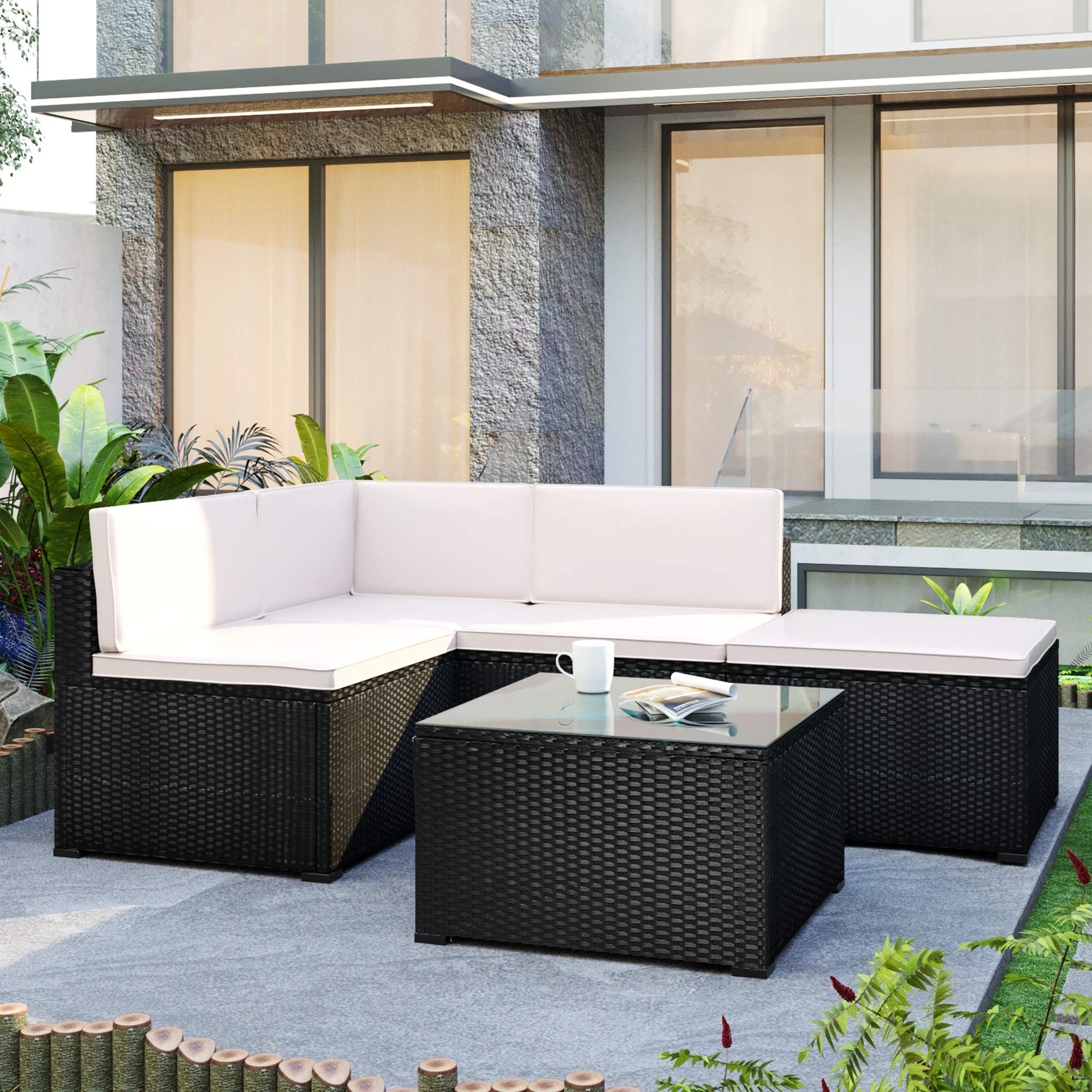 Merax 5-Piece Outdoor Patio Furniture Set - Rattan Wicker Sectional Sofa with Coffee Table & Cushions, Beige - Perfect for Garden, Backyard, Poolside & Outdoor Relaxation