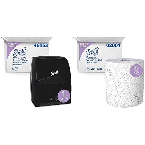 Scott Essential System Roll Towel Dispenser (Black) with 6 Hard Roll Paper Towels – Heavy-Duty Commercial Grade for Restaurants, Offices & Home Kitchens