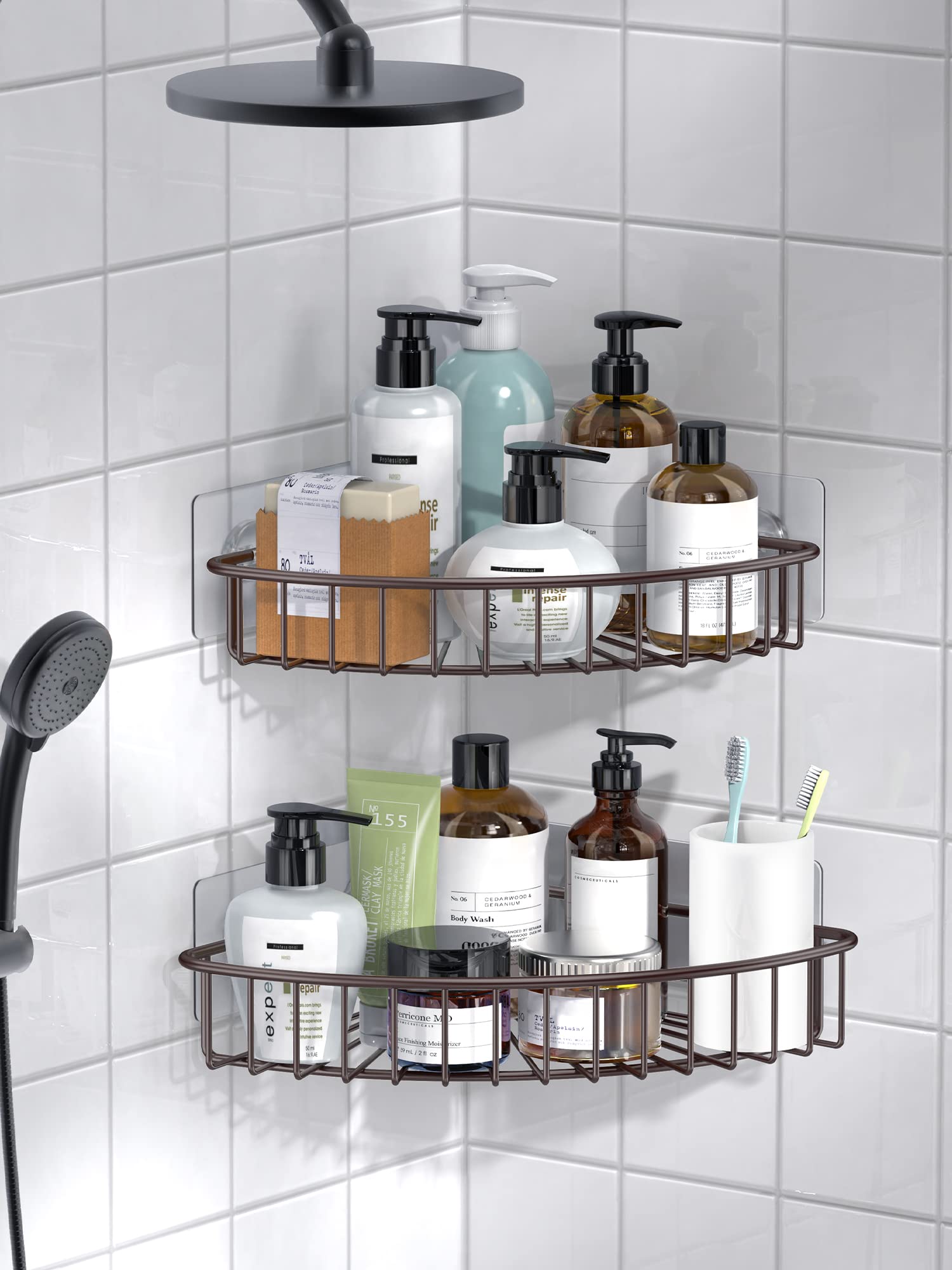 SMARTAKE 2-Pack Stainless Steel Corner Shower Caddy - SUS304 Wall Mounted Bathroom Shelf with Adhesive - Space Saving Storage Organizer for Shower, Toilet, Dorm & Kitchen (Bronze) - Perfect for Small Bathrooms & Tight Spaces