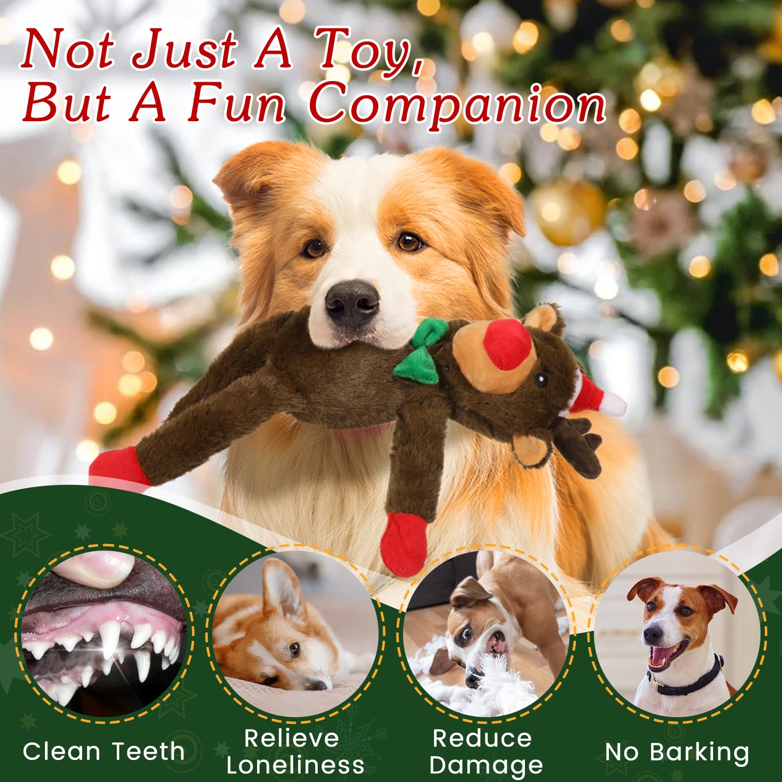 Christmas Squeaky Dog Toys - Xmas Reindeer Plush Chew Toy with Squeakers for Small & Medium Dogs | Puppy Teething Toy with Chew Guard | Holiday Pet Gift for Indoor Play & Training (Dark Brown)