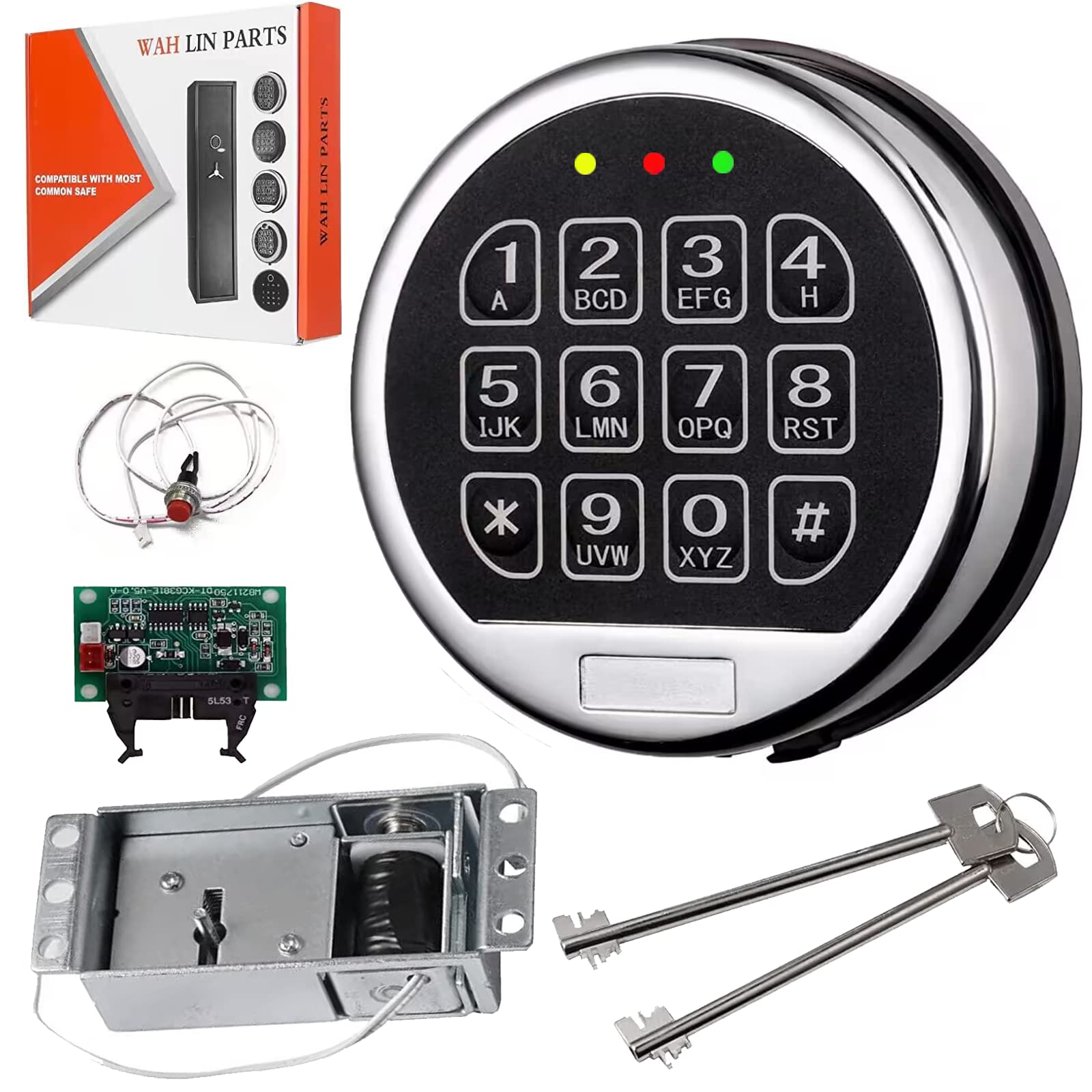 WAH LIN PARTS Gun Safe Lock Replacement - Chrome Keypad DIY Electronic Safe Lock with Solenoid & 2 Override Keys - Fireproof Security Box Lock for Home, Office, and Gun Safes