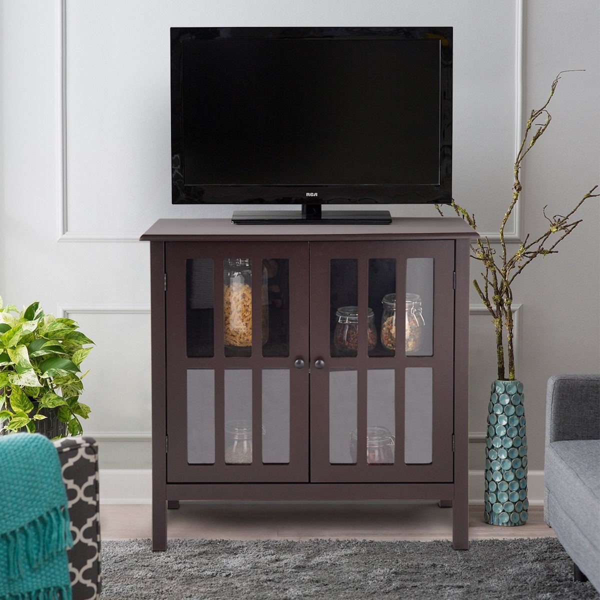Brown Glass Door Storage Buffet Cabinet - Sideboard Console Table for Kitchen & Dining Room - Perfect for Displaying China, Serving Food, and Organizing Dining Essentials