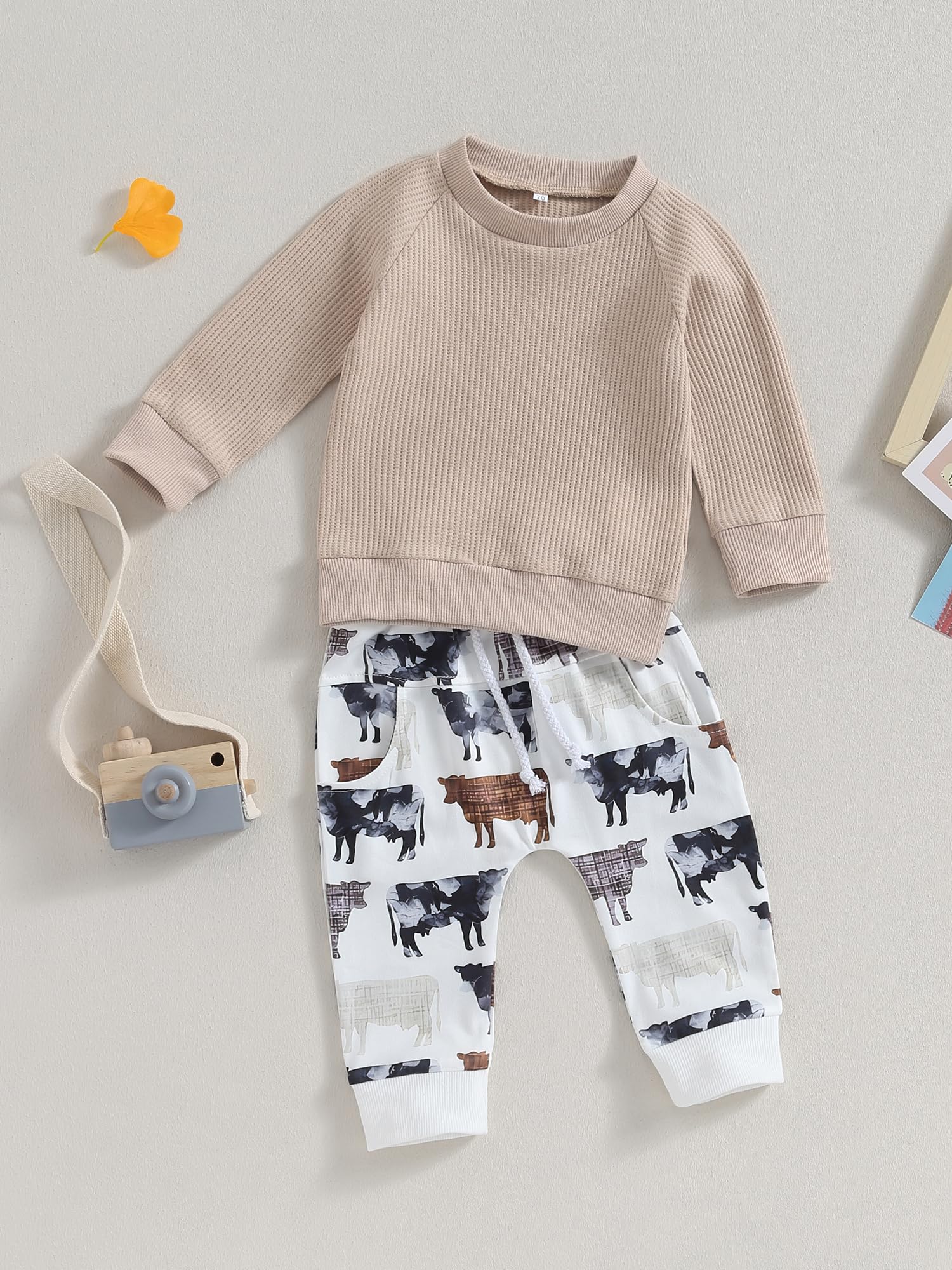 Taoocy Western Baby Girl & Boy Clothes Set - Long Sleeve Waffle Knit Sweatshirt & Cow Print Jogger Pants for Cowboy Fall & Spring Outfits | Cute Western Style Toddler Clothes for Playdates, Rodeo Events & Photo Shoots