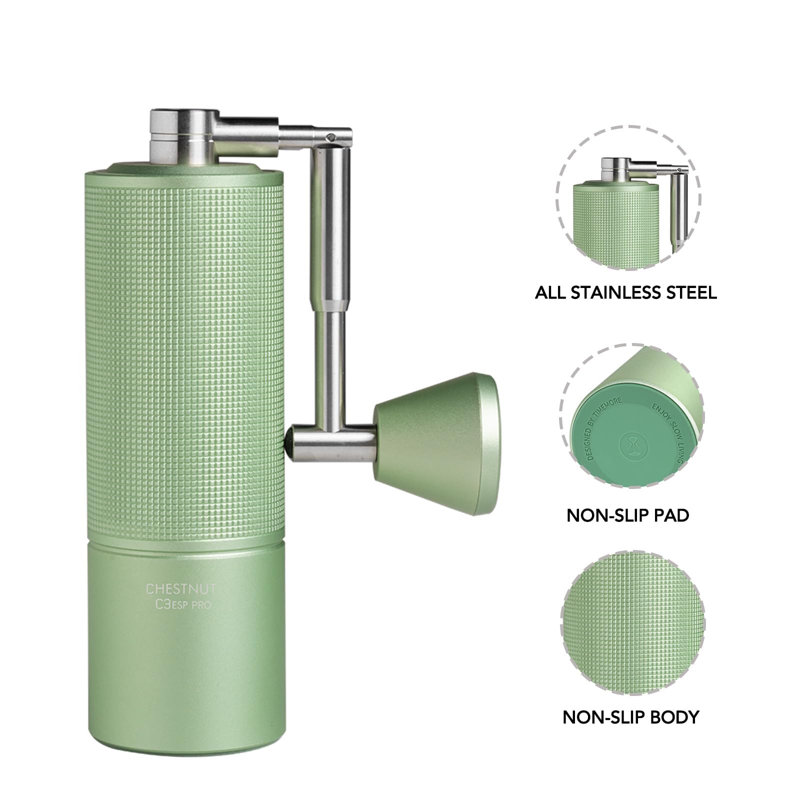TIMEMORE C3 ESP PRO Manual Coffee Grinder - Stainless Steel Burr Mill with Adjustable Settings for Espresso, Pour Over & French Press - Portable Travel Coffee Bean Grinder with Foldable Handle & Double Bearing System (Green) - Perfect for Home Brewing, Camping & Office Use