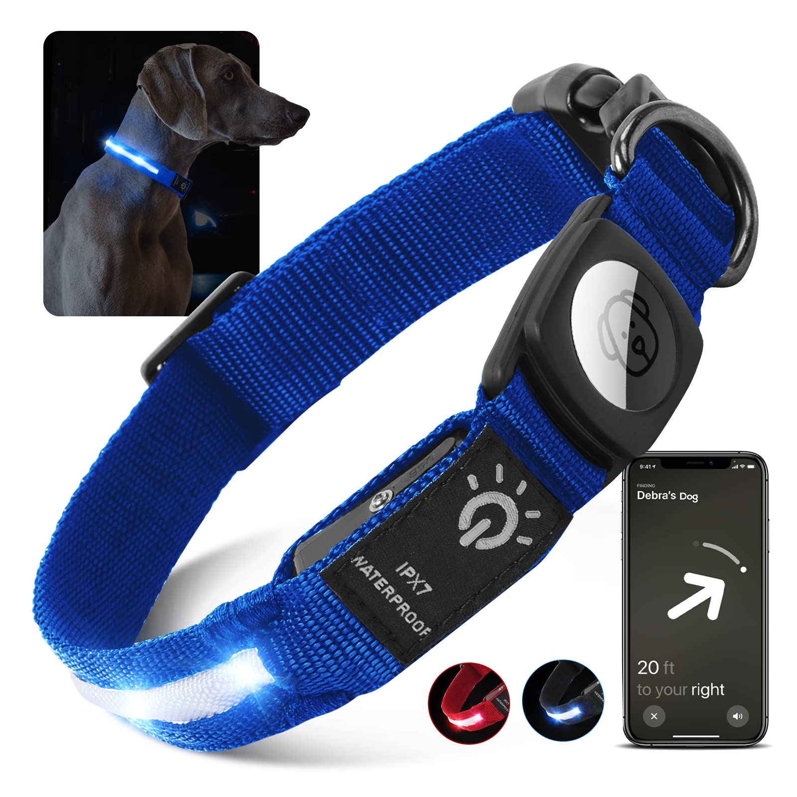 LED AirTag Dog Collar with Light - IPX7 Waterproof Rechargeable Light Up Collar for Small Medium Large Dogs | Apple AirTag Holder Case Included | Perfect for Night Walks, Jogging & Outdoor Adventures