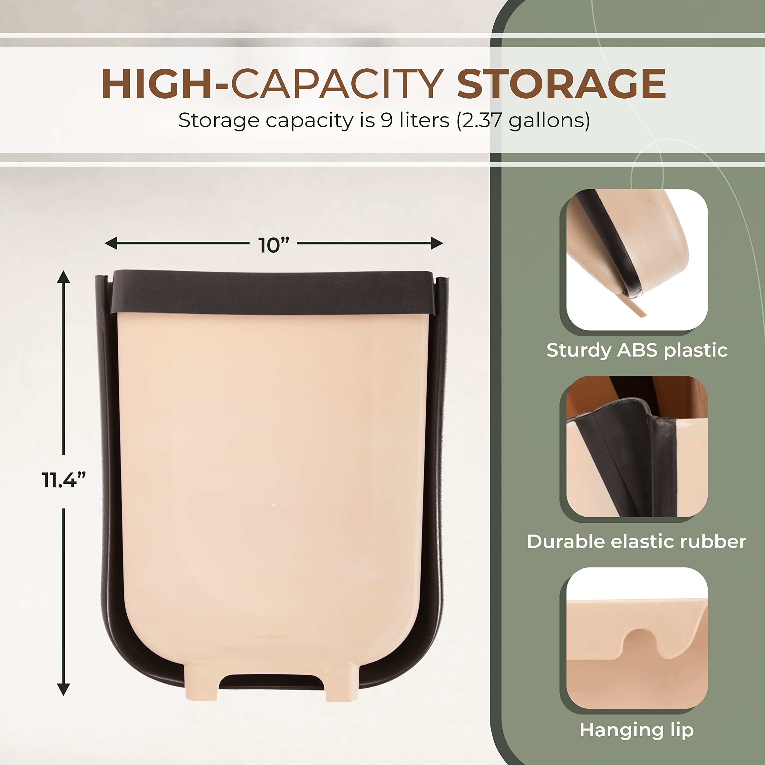 Foldable Hanging Trash Can - 2.4 Gallon Collapsible Garbage Bin for Kitchen Cabinet Door, Car Front Seat & Under Sink - Space-Saving Pull-Out Waste Basket for Home, Office & Travel Use